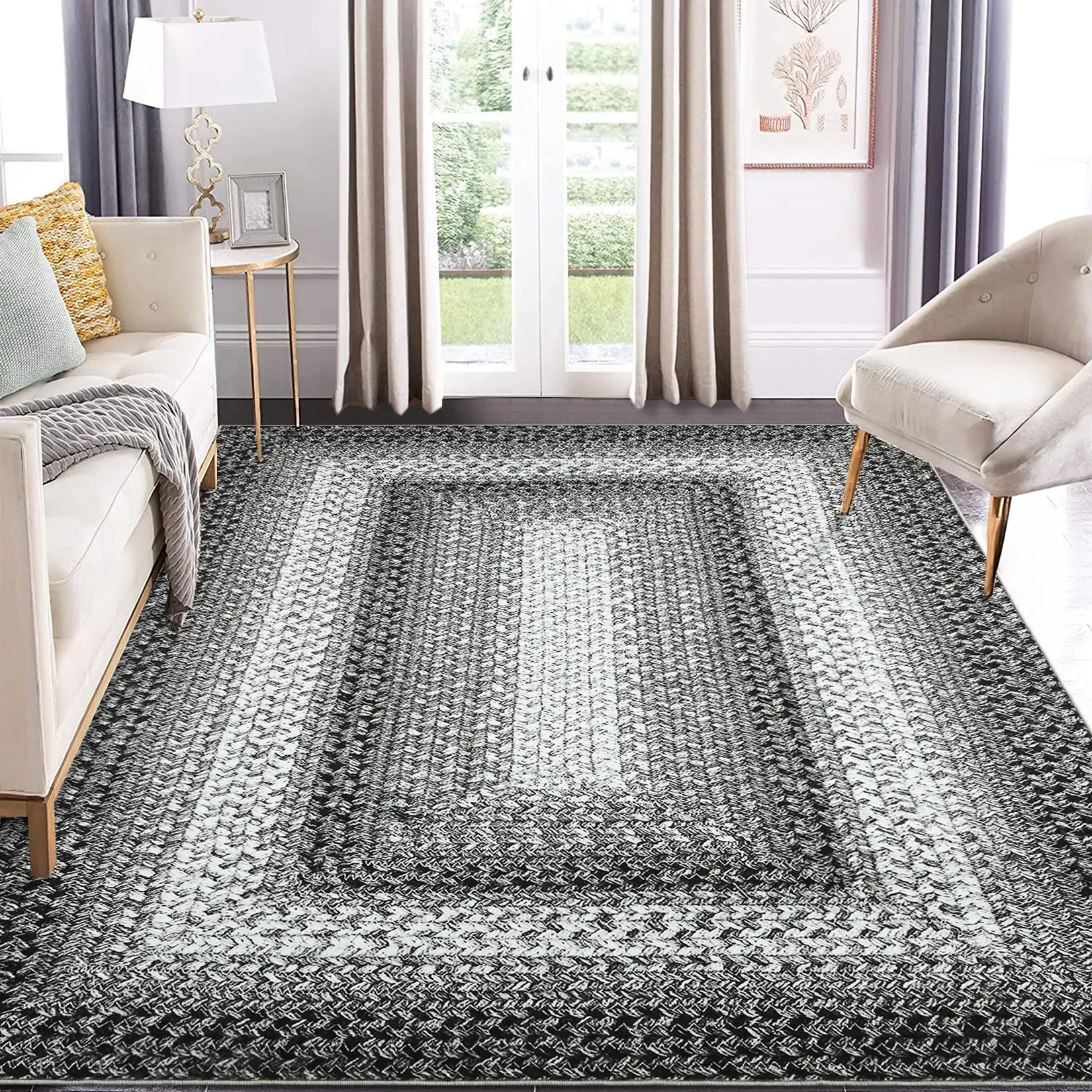 Garvee Washable Modern Boho Geometric Accent Rug, Braided Print Distressed Low‑Pile Non‑Slip Carpet, Grey Red In 5x7 & 2x3, Ideal Decor For Living Room, Bedroom, Nursery And Kitchen Indoor Space