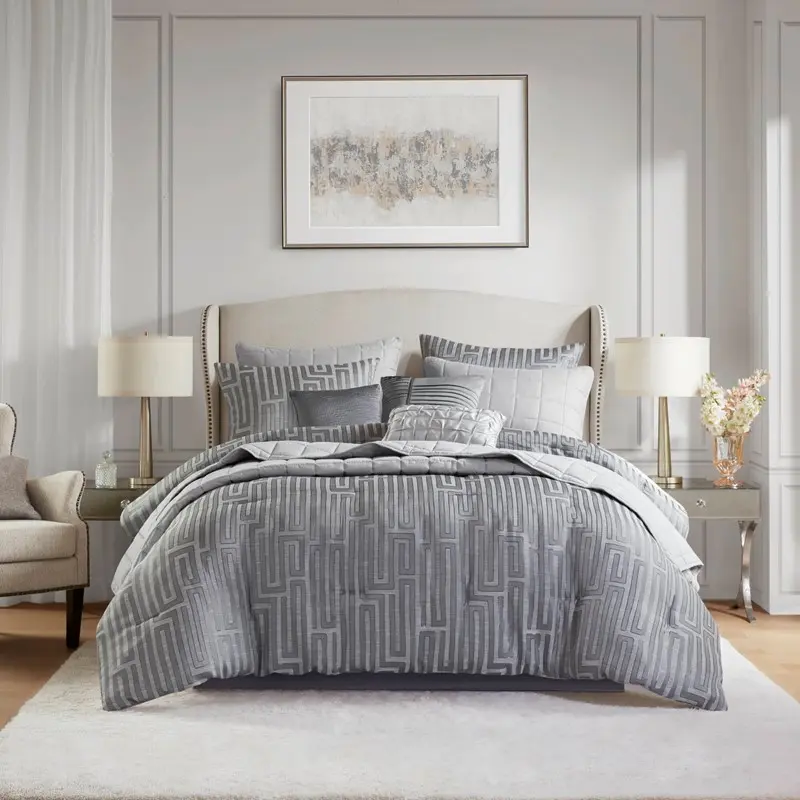 Nokaa 10-Piece King Luxury Jacquard Comforter Set Grey Bedding Ensemble with Comforter, Quilt, Shams, Decorative Pillows, Bed Skirt, Polyester, All-Season Comfort, Machine Washable, Elegant Bedroom Decor