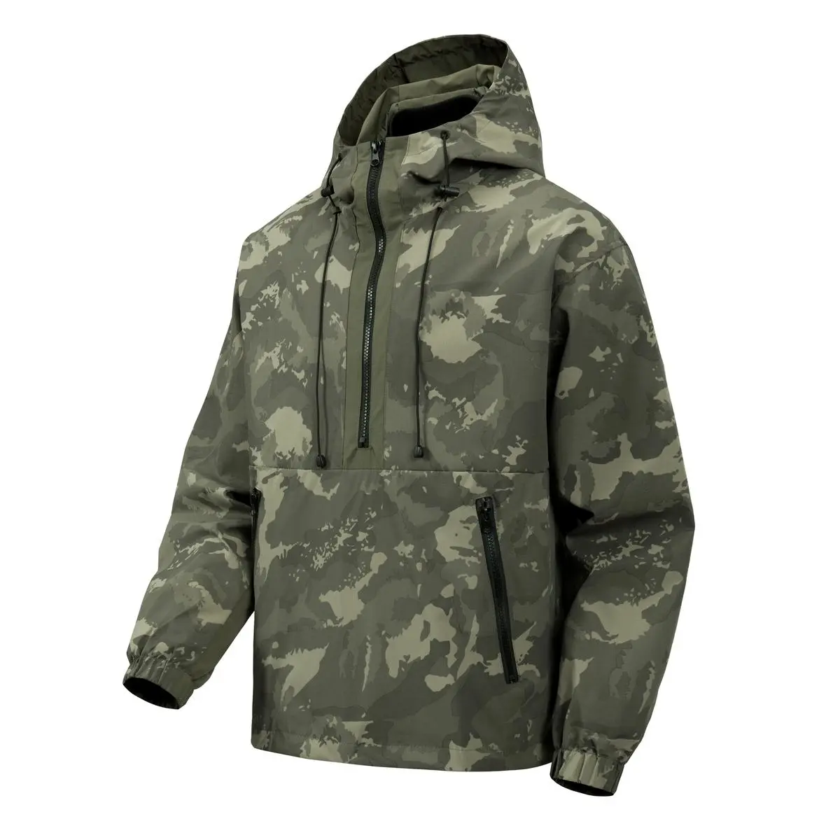 Men's Camo Half-Zip Hooded Anorak Coat - Menswear Long Sleeve Top, Dark Green Camouflage Pullover Windbreaker, Waterproof Zipper Pockets, Adjustable Drawstrings, Outdoor Tactical Outerwear