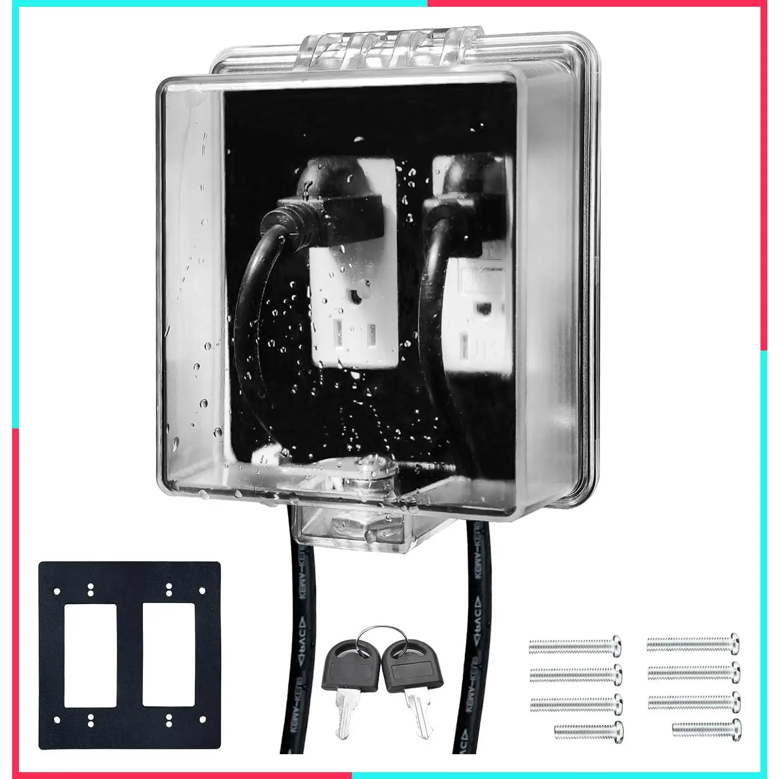 2-Gang Universal Weatherproof Electrical Outlet Cover with Lock, Baby Proof Outlet Lock Box, Fits Most 2.6" H x 2.56" W or Smaller Plugs, Clear Waterproof Cover Box for Outdoor In-Use