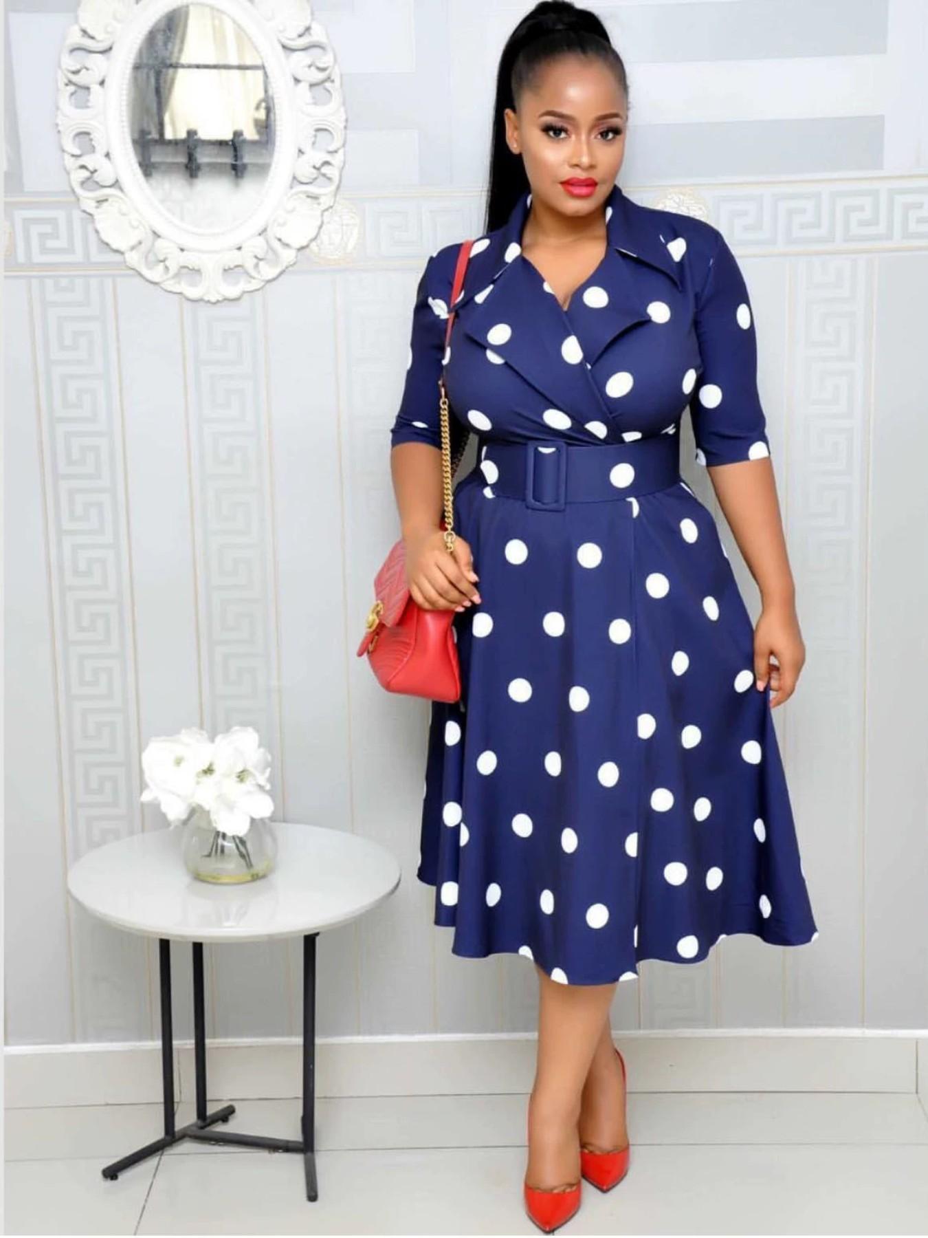 Elegant Chic Women's Midi Dress with Belt, Polka Dot Pattern, Short Sleeve, Fitted Design for Fall Style