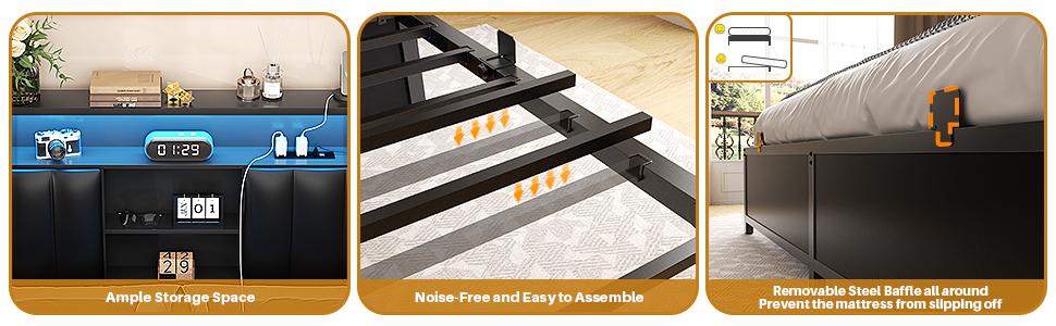 Aheaplus Bed Frame with Bookcase Headboard and LED Light,Upholstered Platform LED Bed Frame with Charging Station, USB Ports,No Box Spring Needed,Easy Assembly and Noise Free