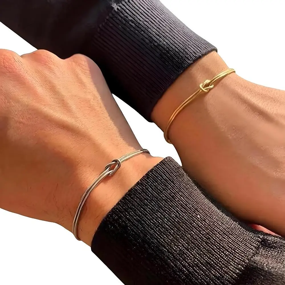 Couple's 2-Piece Polished Metal Love Knot Matching Bracelet Set, Minimalist Artificial Gemstone Bracelets with 18cm Main Chain & Adjustable 5cm Extender Chain, Daily Wear for Anniversary, Birthday