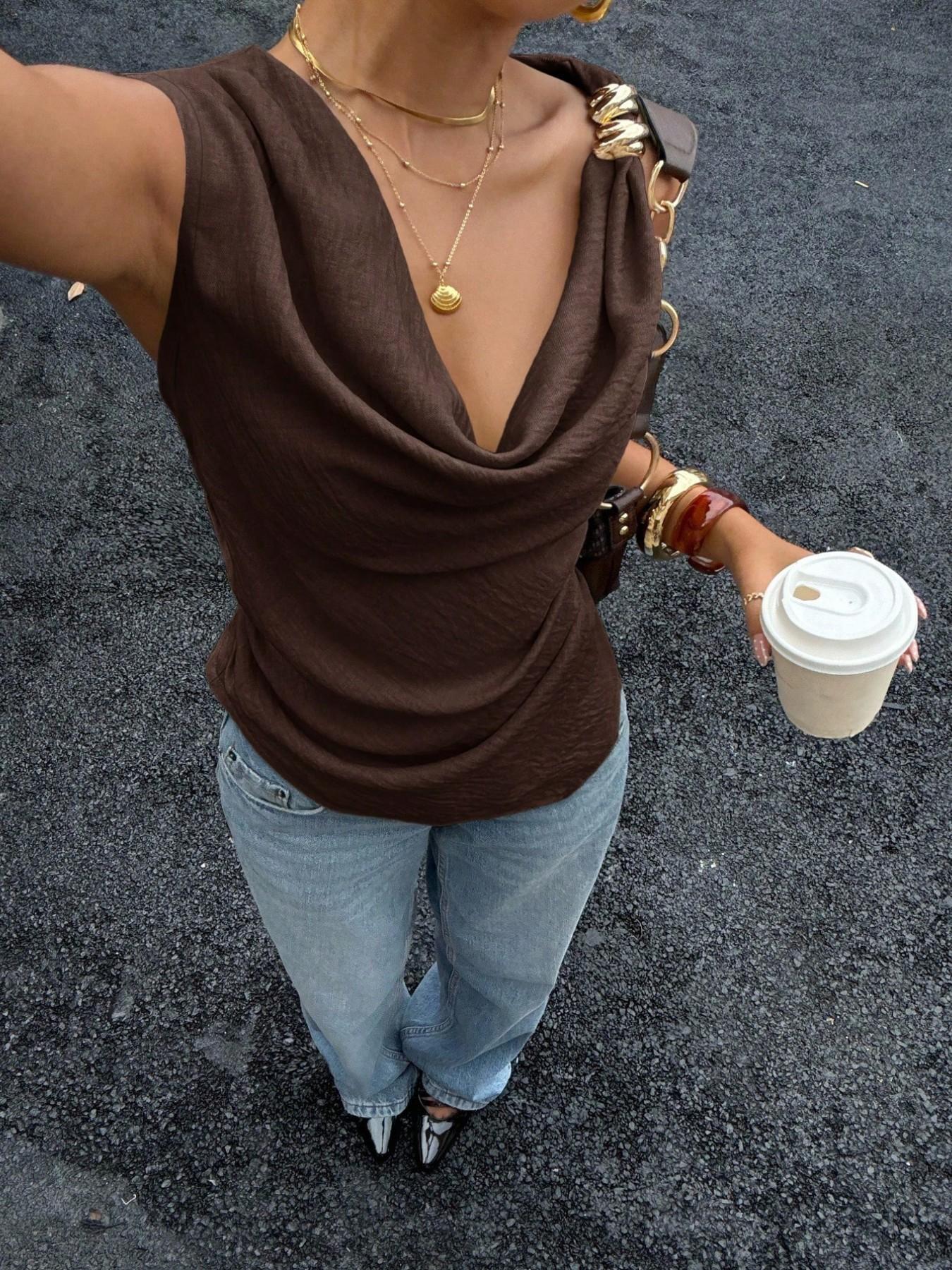 Women's Micro Tank Top Outfit, Summer Pile Collar Vest, Metal Decoration Irregular Sleeveless Top, Stylish Casual Wear, Perfect for Daily