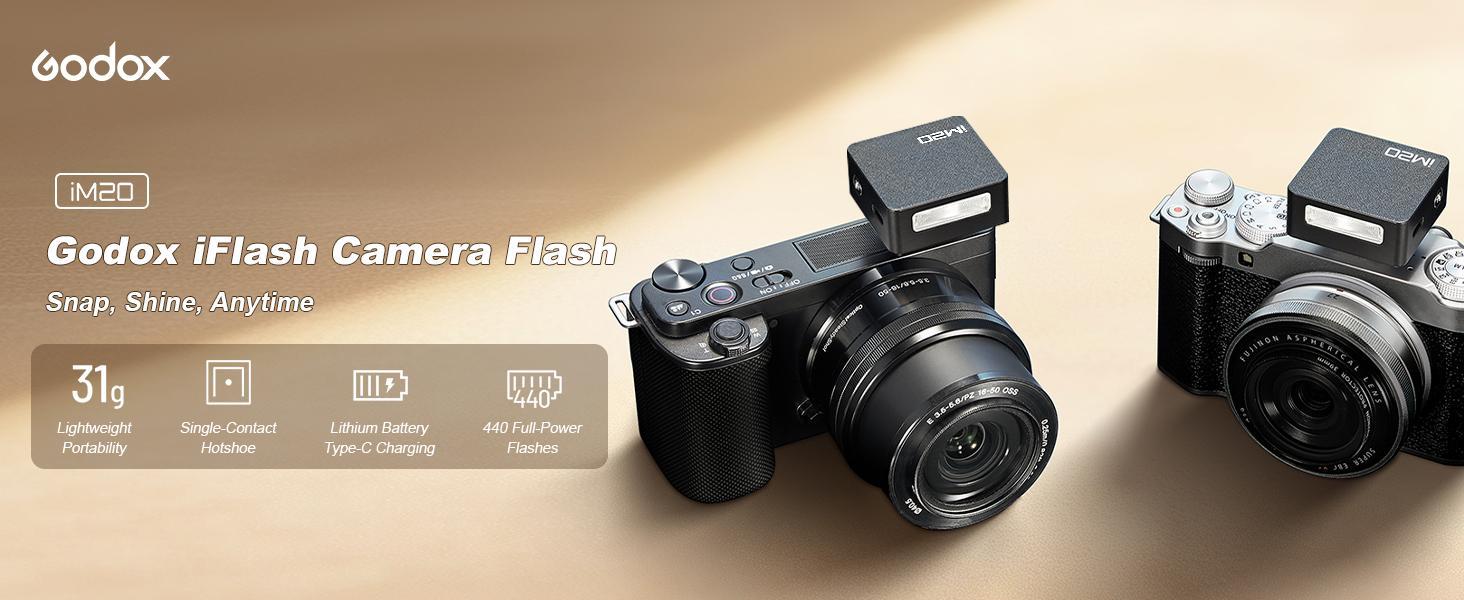 Godox iM20 with Diffuser Godox Flash USB-C Charging, Camera Flash GN 12, with 5 Levels Flash Power, 440 Full-Power Flashes Mini Flash for Sony zv1/Sony zve10 /Ricoh gr3/Fuji f1【not for ZV-1F】