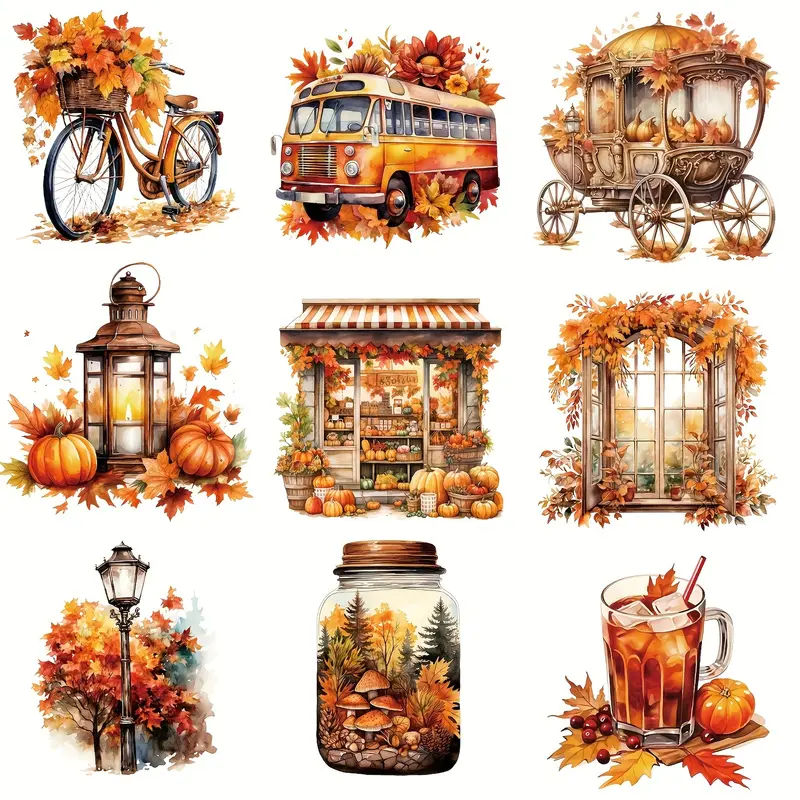 9 Piece Fall Harvest Heat Transfer Vinyl Stickers Pumpkin Bike Truck Patterns Mixed Color DIY Iron-on Transfers for T-Shirts Pillows Crafts Autumn Themed Decor