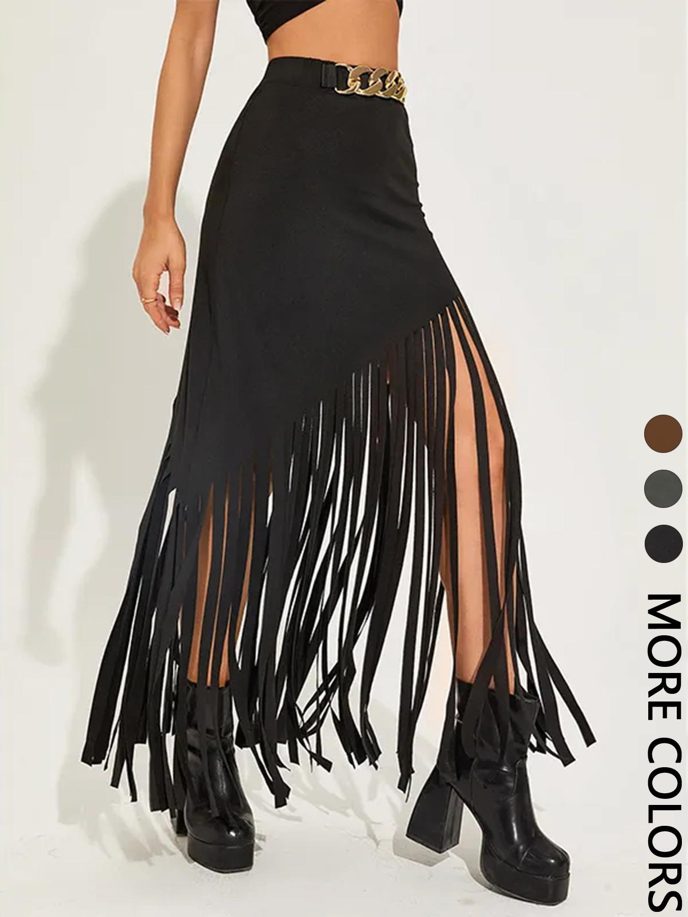 Women's Solid Color Fitted Fringe Trim Skirt, Fashionable Long Skirt for Party Club Dating Wear, Women's Bottoms for Summer