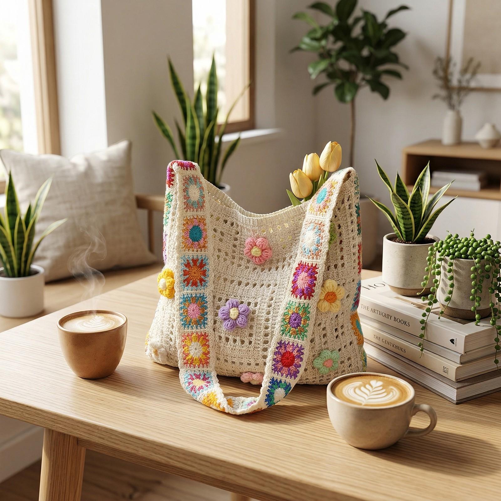 Handmade Crochet Hollow Flower Tote Bag, 5 Colors Available, Summer Fresh Weave Shoulder Bag, Beach Vacation Casual Large Capacity Crossbody Bag