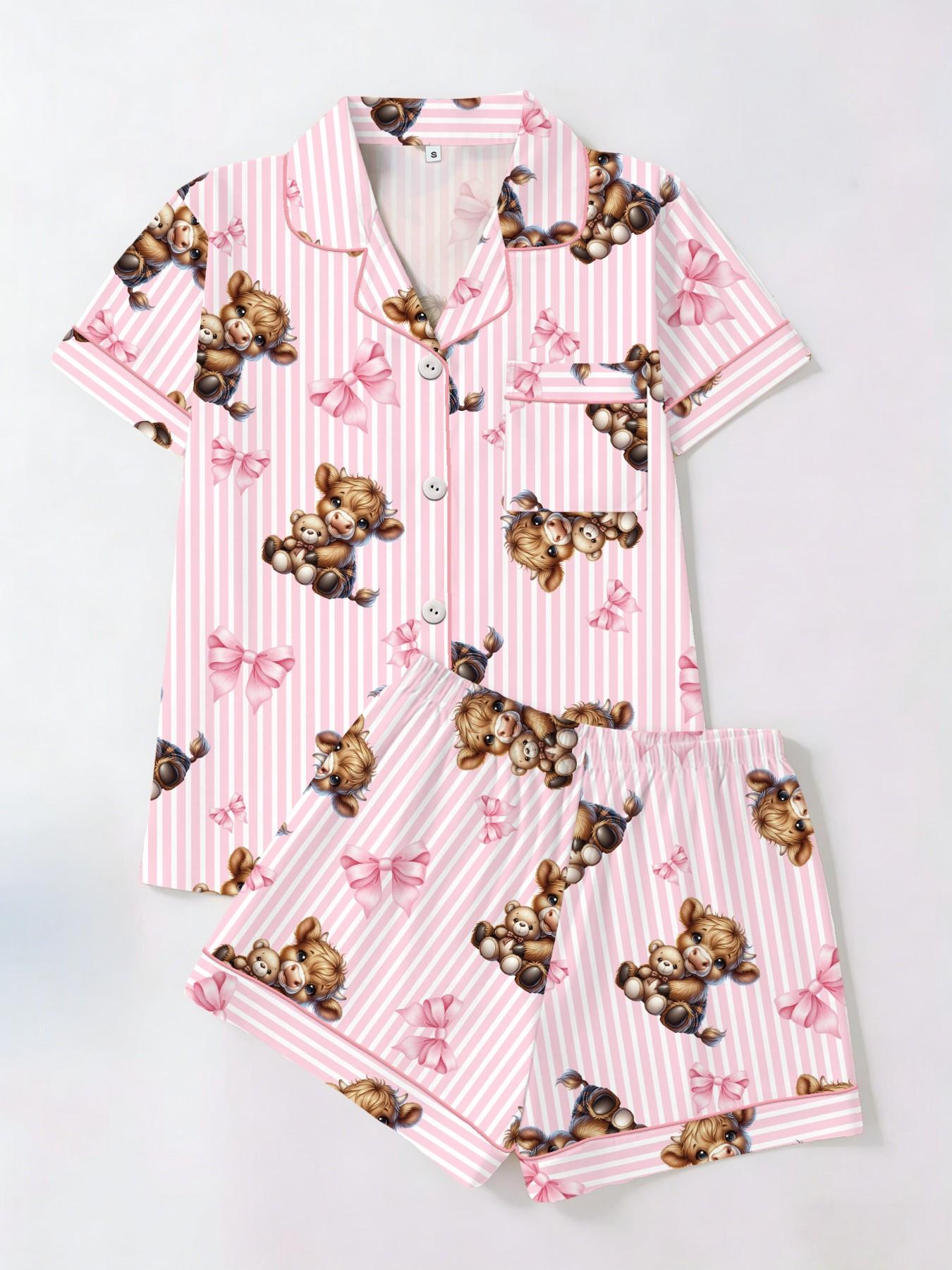 Spring Summer Women's Sleepwear Set, Bear Print Cardigan Short Sleeve Sleep Pajamas Shorts, Casual Loose Fit Home Wear, Comfortable All Seasons, Pajama Set