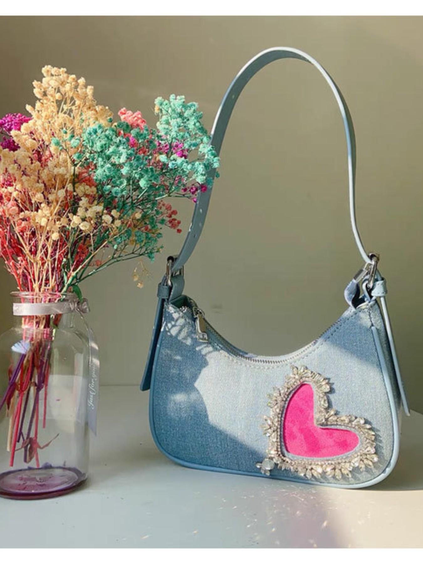 Women's Denim Fringe Heart Underarm Bag, New French Style Design, High-End Rhinestone Shoulder Bag, Trendy Fashion Accessory