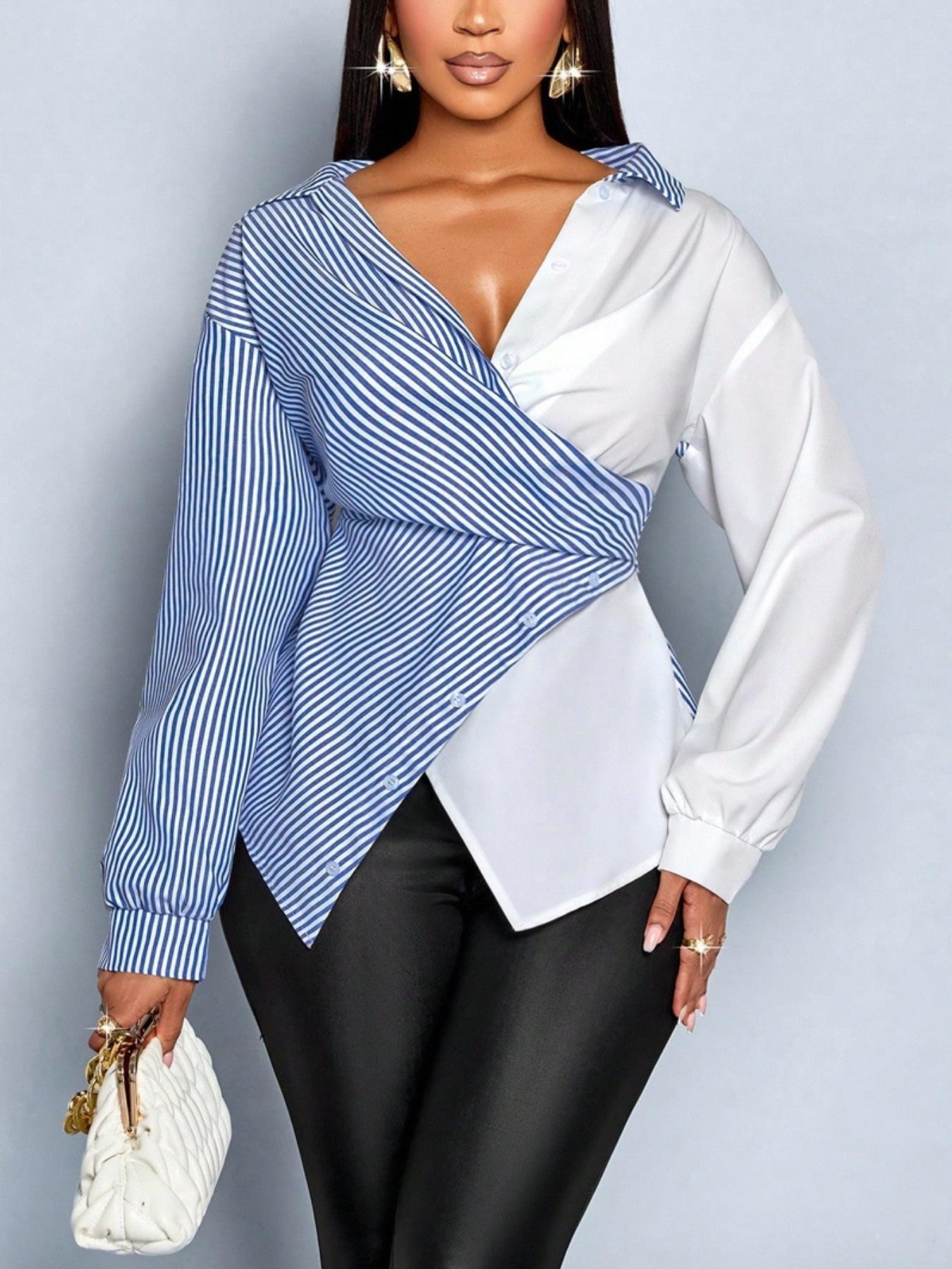 Women's Striped Print Button Front Collared Casual Shirt, Button Down Shirt,Asymmetrical Hem ,Wrap Blouse,Long Sleeve,Fitted,Elegant,Daily Commuting,Going Our,All Season
