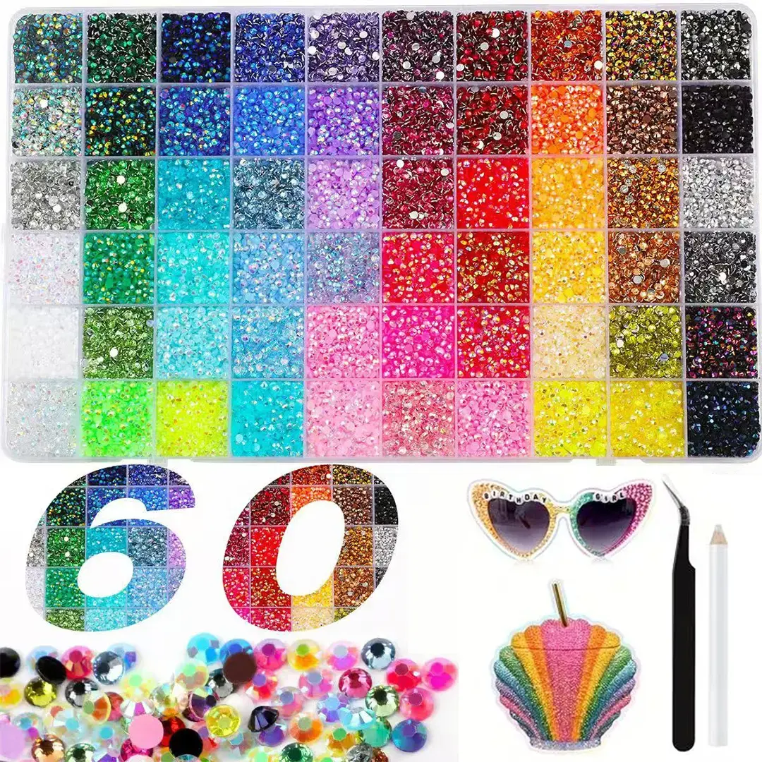 60-Color 3 mm Trendy Nail-Bedazzling Rhinestones Kit, AB Iridescent Crystal Rhinestones, Semi-Circular Flat-Back Resin Diamond Decorations for DIY Nails, Birthday and Holiday Ornaments