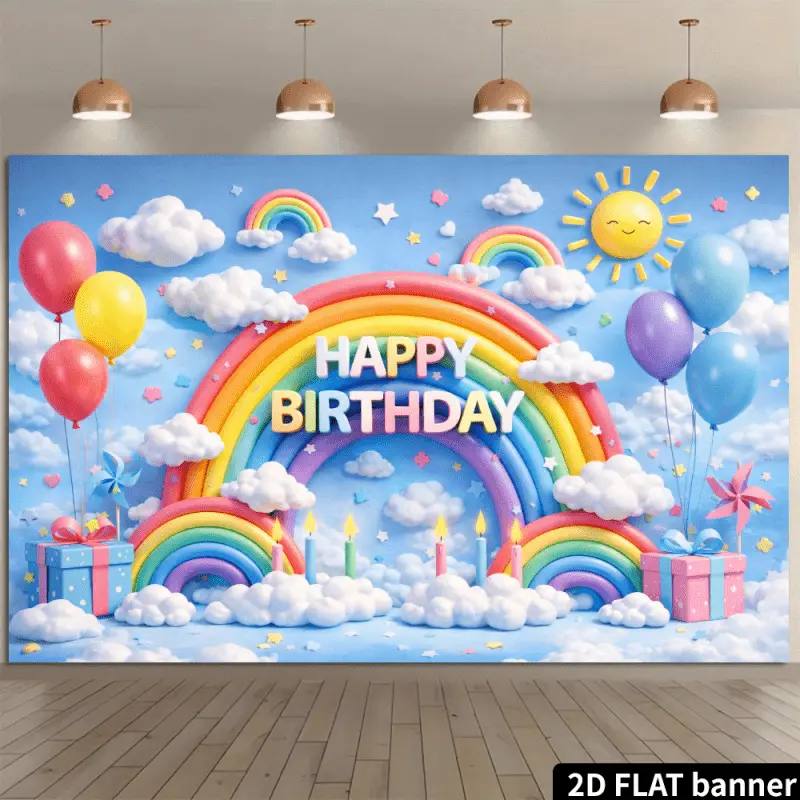 2D Planar Macaron Rainbow Birthday Backdrop Fabric - Light Blue Base with Rainbow Arch, White Clouds, Colorful Stars, Sun, Balloons, Candles, Central 3D Gradient Blessing Text for Indoor & Outdoor Themed Parties
