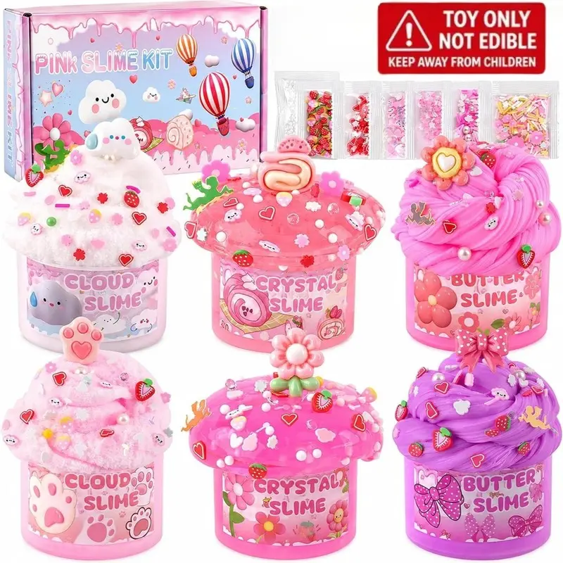 6-Pack Pink Slime Kit for Girls, Cloud Butter Squishy Birthday Gift Set