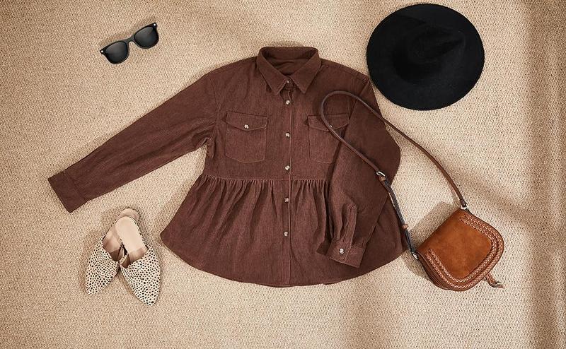 PiePieBuy Womens Corduroy Shirts Casual Long Sleeve Button Down Blouses Tunic Babydoll Dress Loose Pocket Jacket Shackets