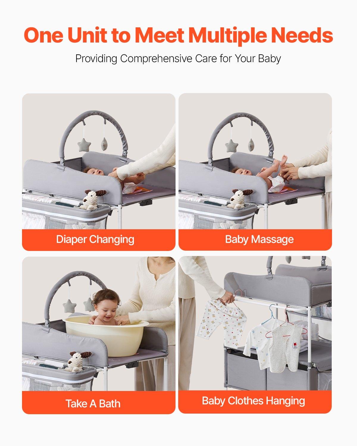 VEVOR Baby Changing Table, Foldable Diaper Change Station with 2 Fabric Drawers, Side Basket & Hanging Rod, Adjustable Height Portable Changing Table with Lockable Wheels & 2 Star Toys, Light Gray VEVOR Baby Changing Table, Foldable Diaper Change Station with 2 Fabric Drawers, Side Basket & Hanging Rod, Adjustable Height Portable Changing Table with Lockable Wheels & 2 Star Toys, Light Gray