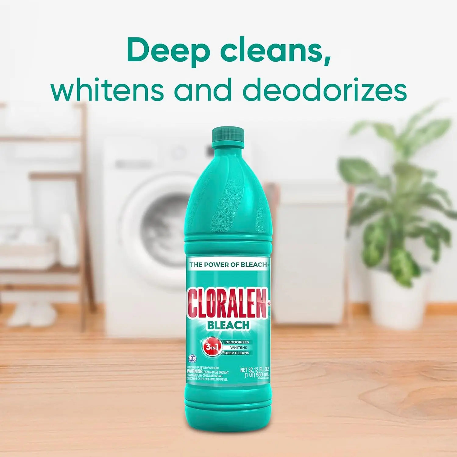 Household Cleaning Liquid Bleach, 32.12 fl oz, 3‑in‑1 Multipurpose Cleaner for Laundry, Bathroom & Kitchen, Deodorizes, Whitens & Deep Cleans