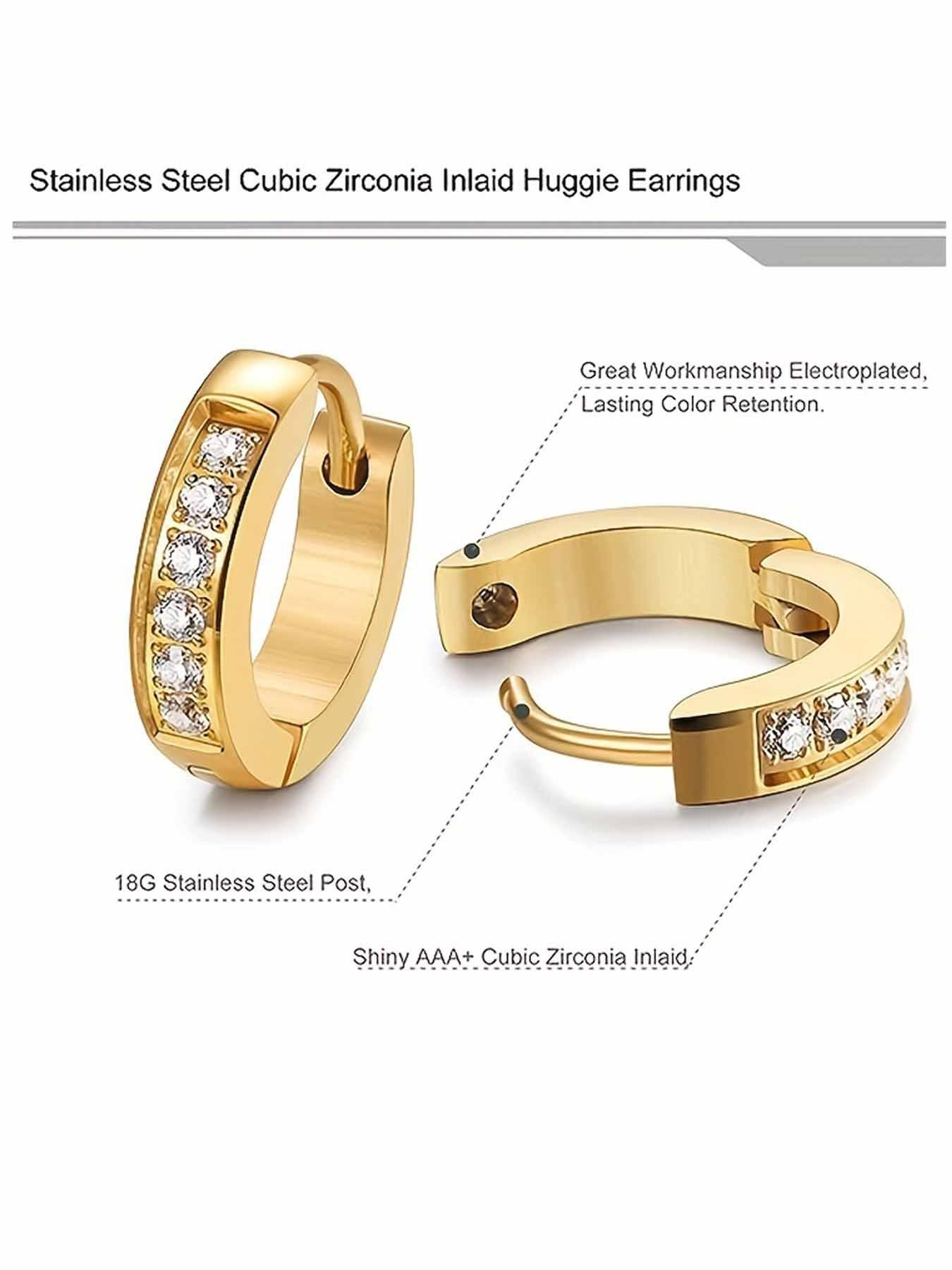 304 Stainless Steel Hoop Earrings, Cubic Zirconia Inlay, Unisex Fashion Jewelry, Casual Style, All Seasons, Random Print Design