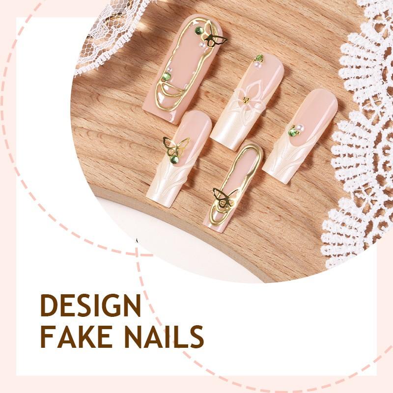 Nude Sheer French Press On Nails, 3D Milky White Shell Texture Carving, Gold Outline Wire, Butterfly & Flower Accents with Green Rhinestones and Pearls, Luxurious Elegant Long Trapezoid Removable False Nails with Jelly Glue and Nail File