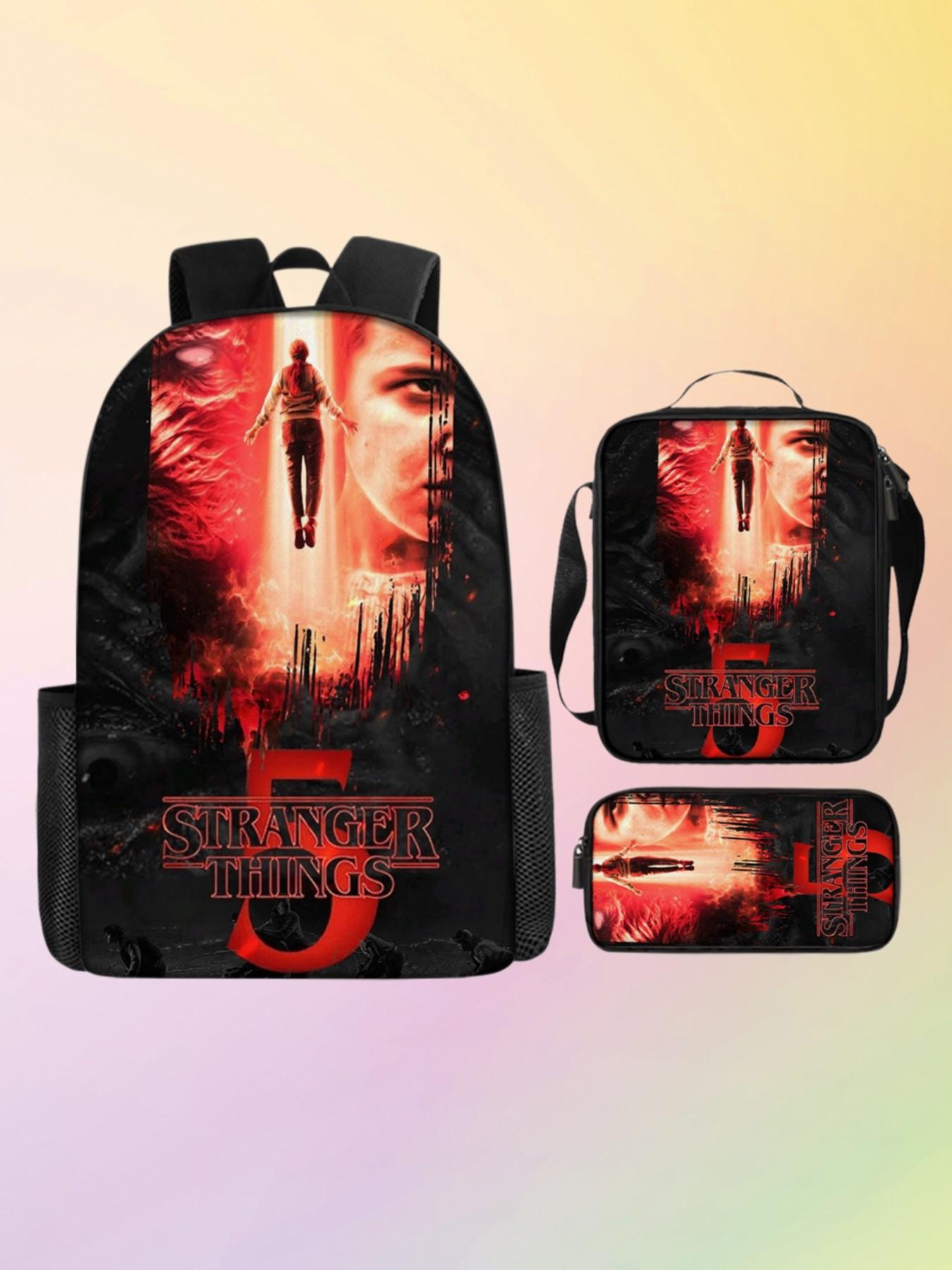 3pcs Stranger Things Season 5 Backpack Set, Hawkins Will Fall Print School Bag, Lunch Bag, Pencil Case, Netflix Series Daypack for Teens