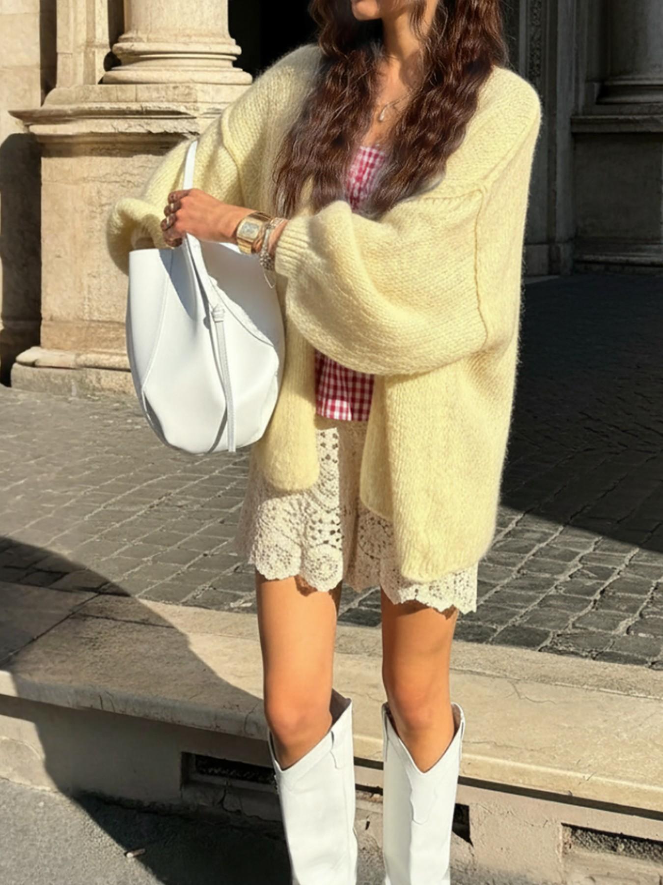 Gentle macaron-style V-neck knit cardigan, Knitwear, creamy yellow solid color, ribbed chunky knit, batwing loose sleeves, soft & cozy, Spring/fall layering essential, perfect for coffee dates, casual outings, sweet romantic vibe, Daily warm wrap-style