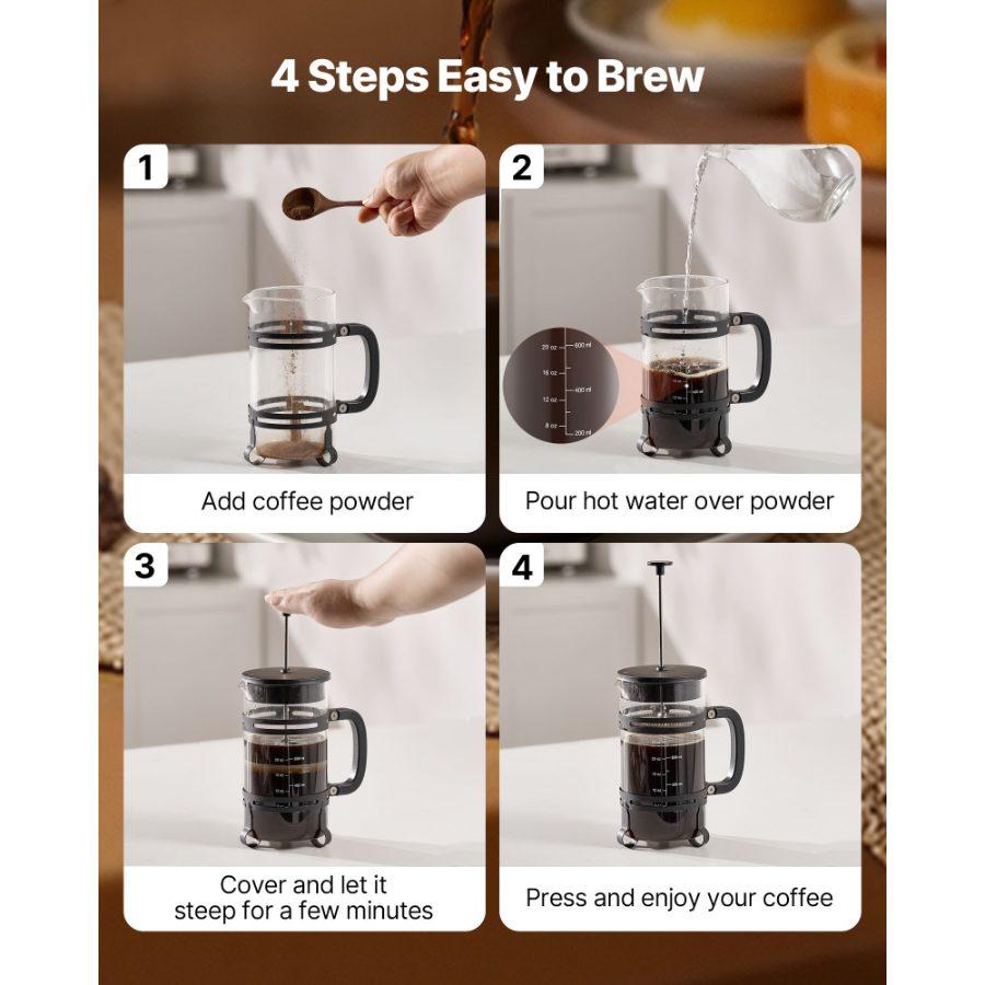 VEVOR 34oz Borosilicate Glass French Press Coffee Maker, Stainless Steel Filter, Detachable Anti-Drip Spout, Cold Brew Tea Maker for Gatherings Home Camping, Silver 1L Hand Tool Accessory