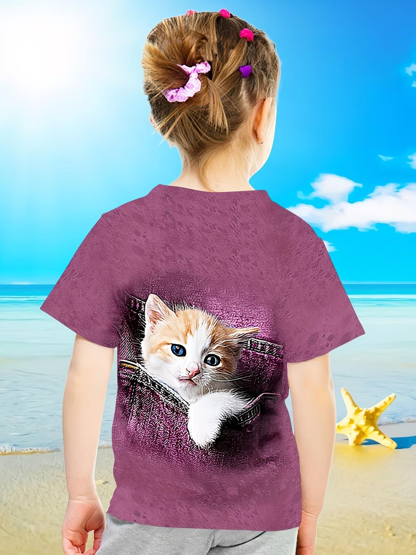 Short Sleeve T-Shirt with Cat Pattern, Cute Graphic Top for Girls, Summer Fashion Casual Loose-Fit Tee