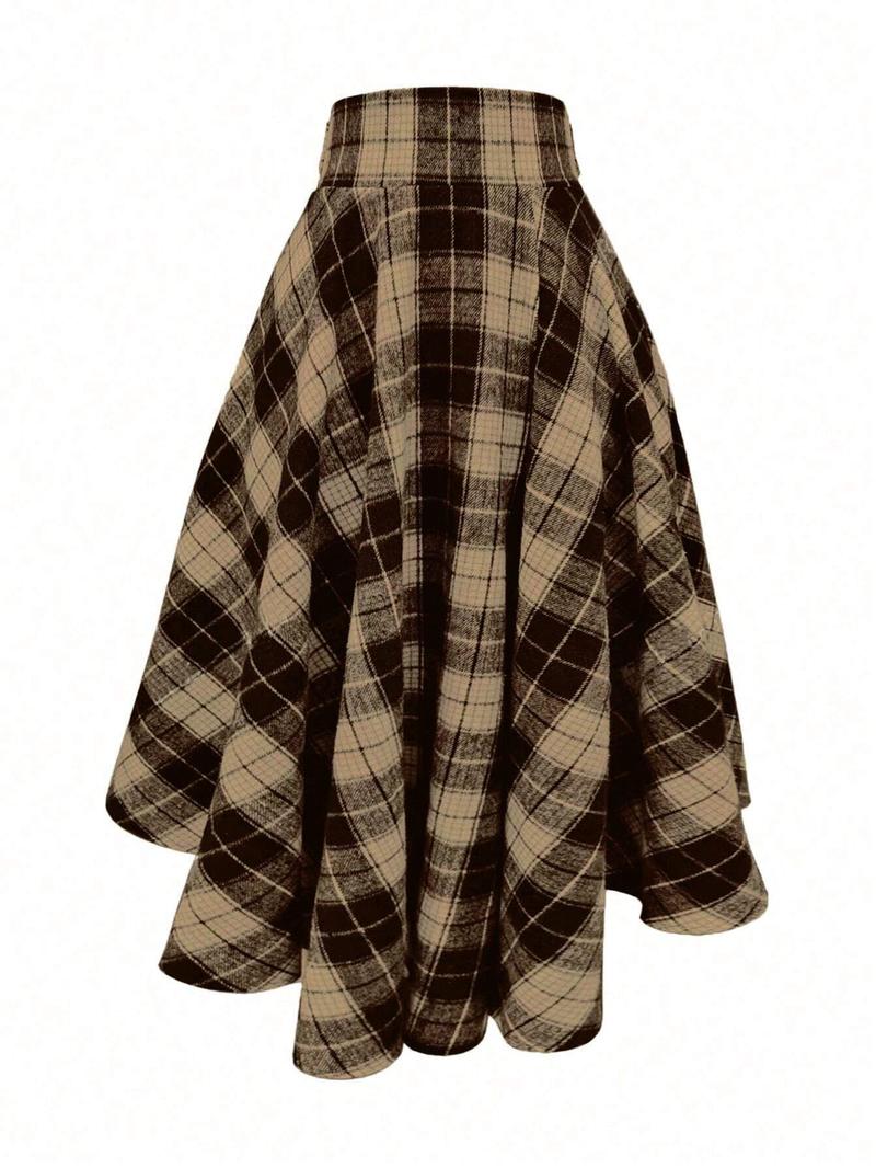 Women's Plaid Print Tie Front Split Thigh Shirt Skirt, Street Fashion Casual High Waist Long Skirt, Split Hem Skirt for Daily Outdoor Wear, Women's Bottoms for Spring & Fall