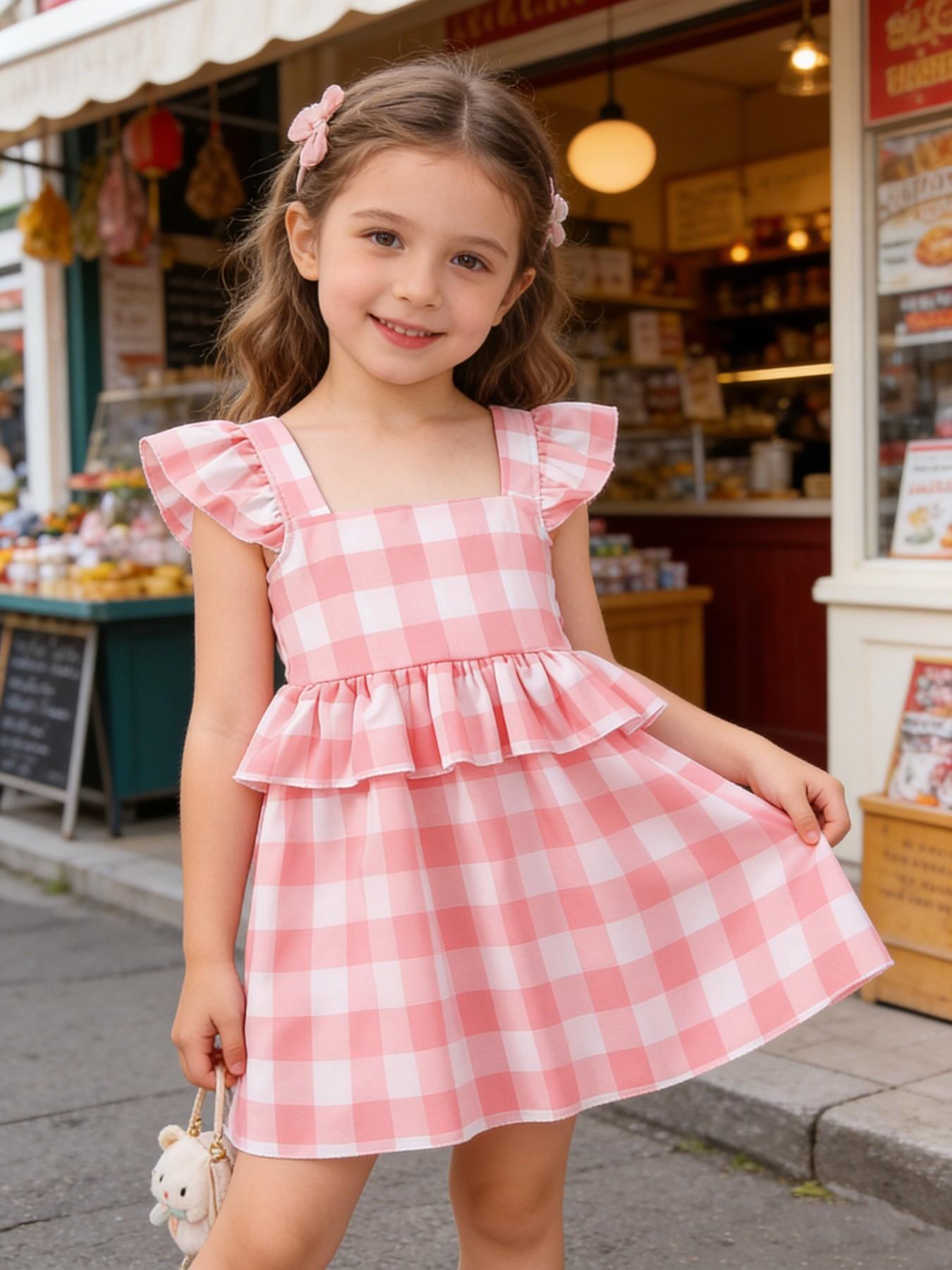 Strawberry Milkshake Sweetheart Dress! Toddler Pink White Gingham Flutter Sleeve Tiered Dress✨