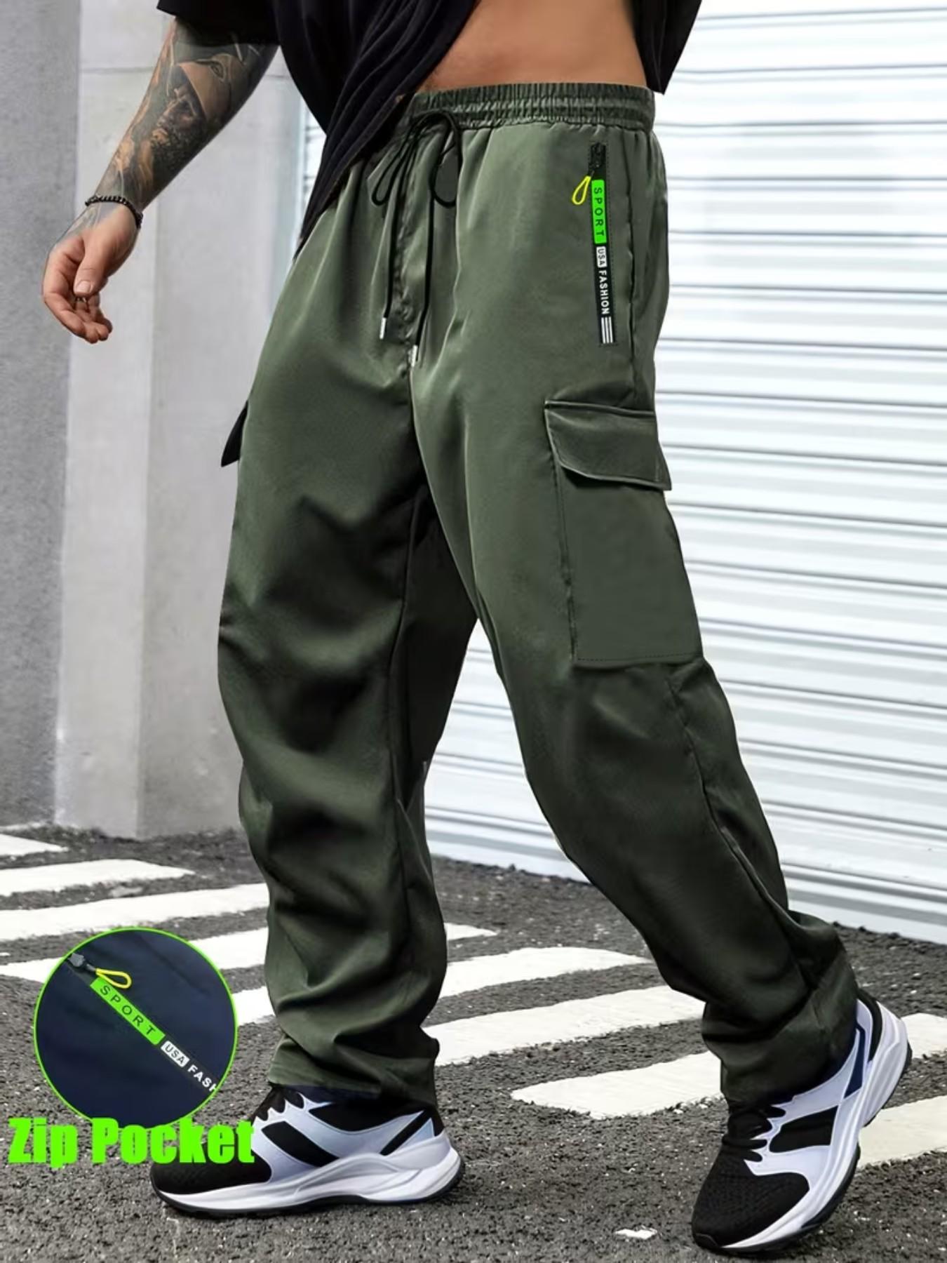 Men's Spring Summer Letter Zipper Pocket Cargo Pants, Fashion Large Patch Pockets, Drawstring Waist, Casual Outdoor Long Pants