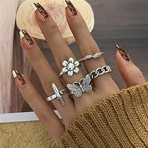 49PCS Vintage Silver Punk Rings Knuckle Rings Set for Men Women Snake Cross Flower Chunky Rings Open Adjustable Goth Punk Hip Hop Cool Midi Stackable Rings Pack