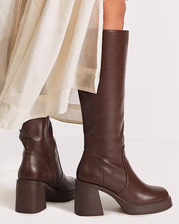 【New Colors】Knee High Boots for Women, Square Toe Chunky Block Heeled Platform Tall Leather Wide Calf Cogo Boots with Side Zipper Footwear Gir Walking Shoes Girl Comfort Fallfashion Brown Flatform