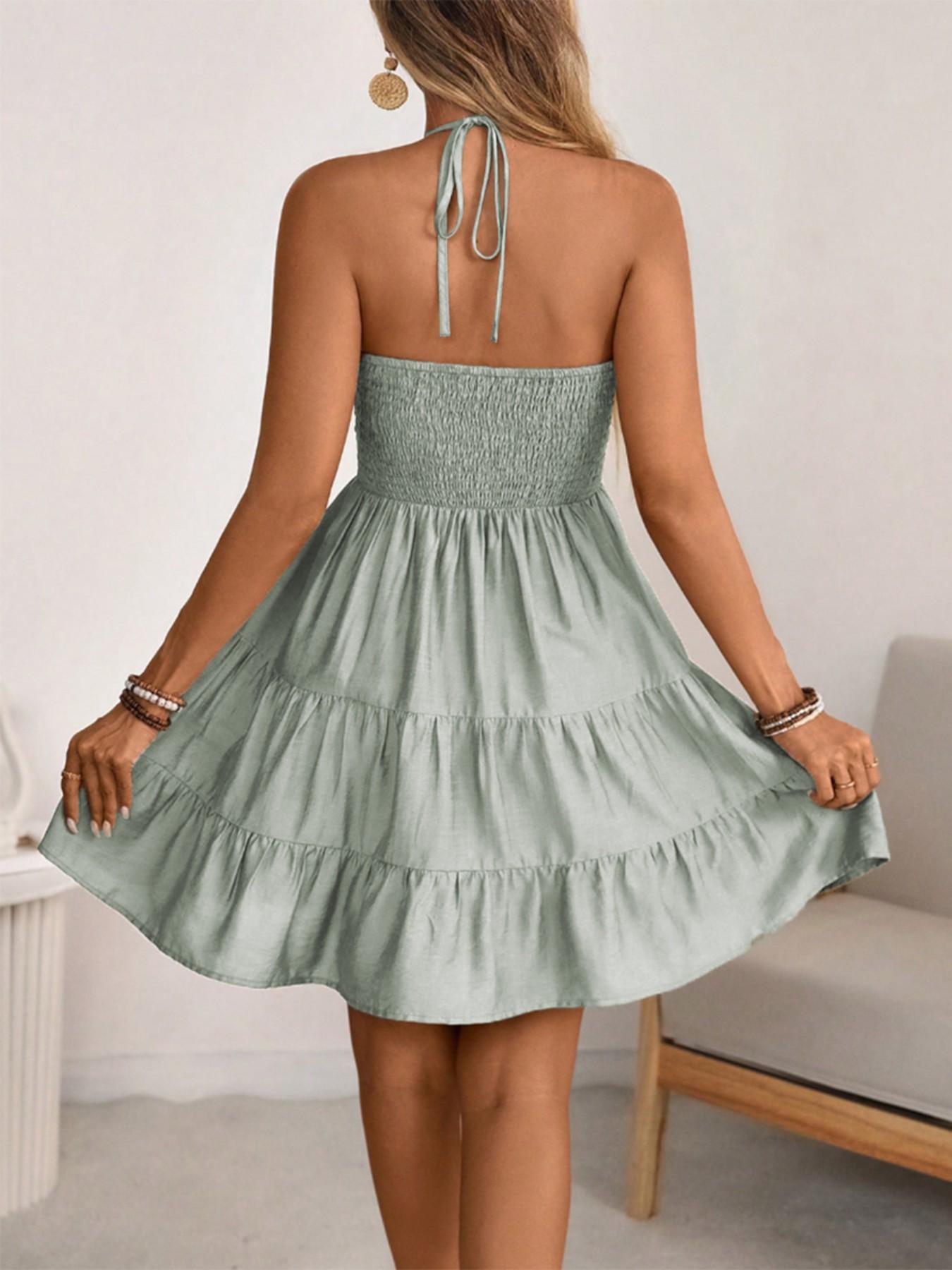 Women's Spring/Summer Rayon Bamboo Knit Bohemian Beach Dress, Shirred Pleated Bust, Tiered Skirt Design, A-Line Silhouette, Backless With Tie-Up Halter Neck And Bow Closure