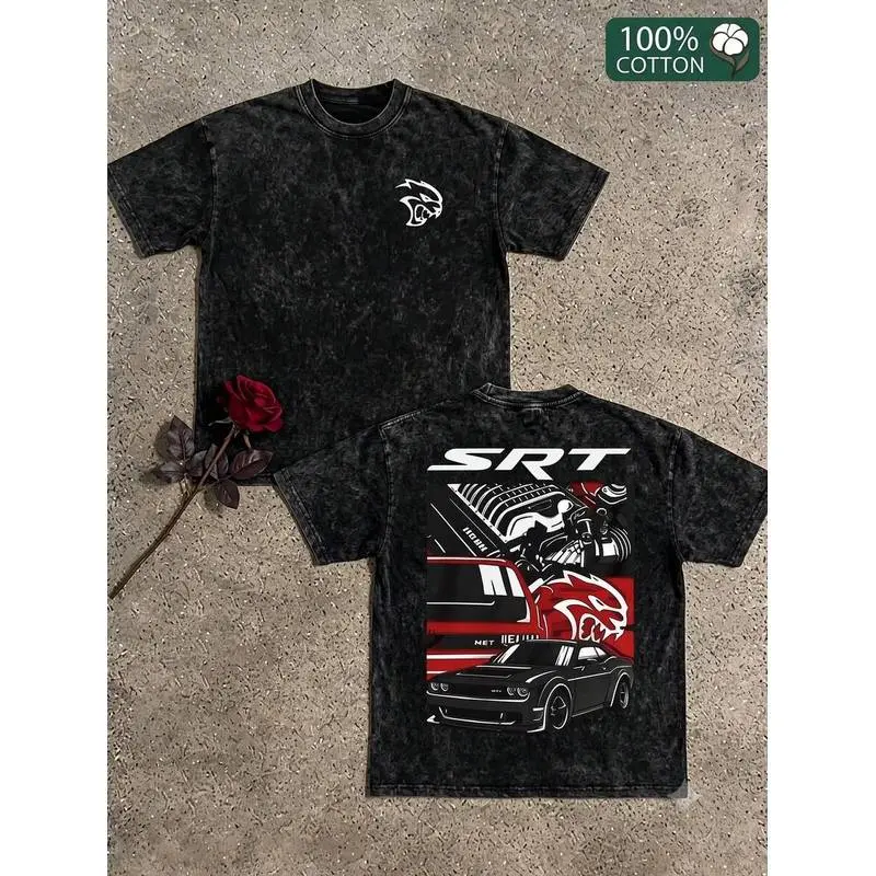SRT Hellcat Hemi Engine Dodge Challenger Double Sided Graphic T-Shirt, Vintage Muscle Car Modified Washed Cotton Tee, Car Enthusiast Unisex Top