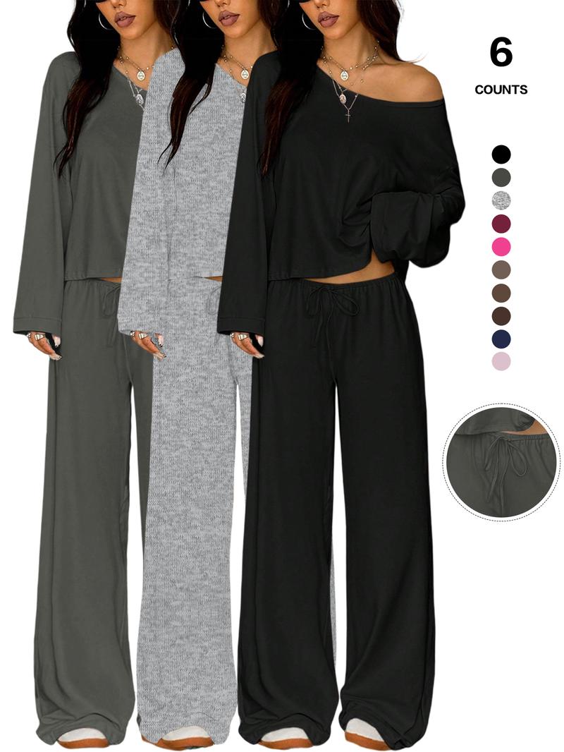 Women's 2 Piece Matching Lounge Set, off the Shoulder Long Sleeve Top, Drawstring Wide Leg Pants, Casual Sweatsuit, All Seasons