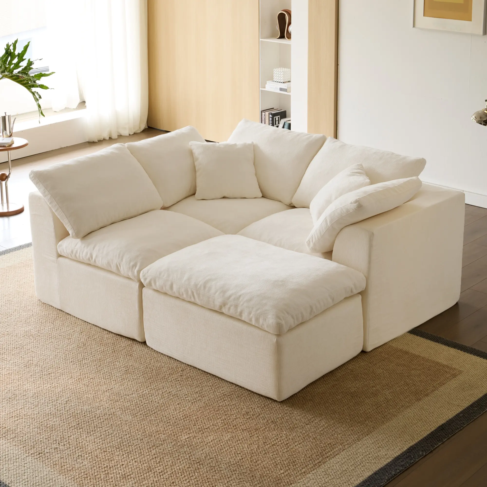 102" L-Shape Modular Cloud Couch for Living Room, Modern Sectional Couch with Ottoman, Comfy Chenille Deep Seat Memory Foam Boneless Sofa for Living Room (White 3 Seater+1 Ottoman)