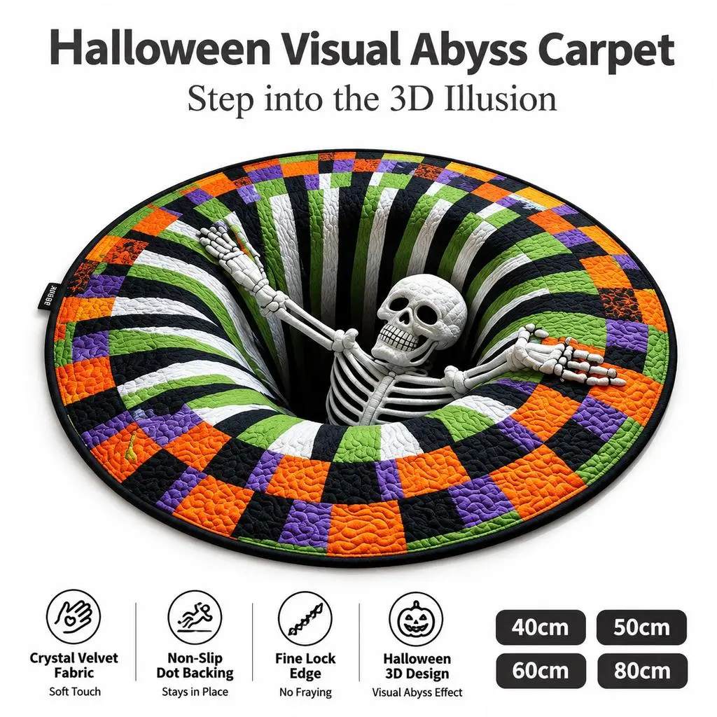 Home Leisure Fun Optical‑Illusion Area Rug, Novelty Skeleton Pattern Non‑Slip Round Carpet, Soft Crystal Velvet Floor Mat for Indoor Daily Home Decoration & Leisure Display