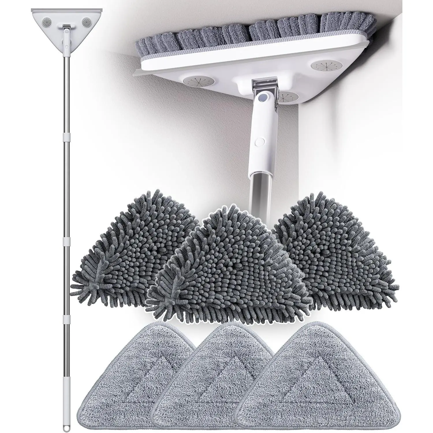 Wall Cleaner Mop with Long Handle, Dust Mop with 6 Reusable Pads | 3-in-1 Wall Duster with Extension pole, for Wall/Ceiling/Window/Baseboard/Floors