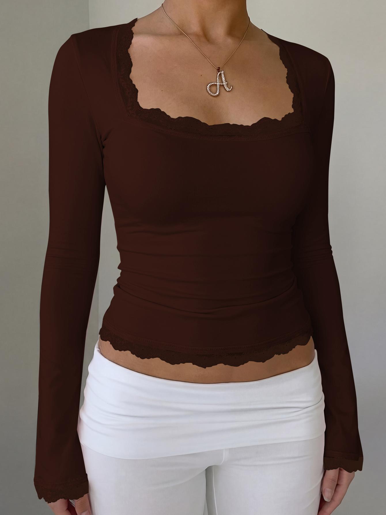Women's Square Neck Top, Solid Lace Trim Long Sleeve T-Shirt, Elegant Chic Plain Flared Sleeves Slim Fit Crop Top for Spring, Fall and Winter, Womenswear, Blouses Shirts Tops, Casual Elegant Classy, Perfect for Parties, Dates and Everyday Wear