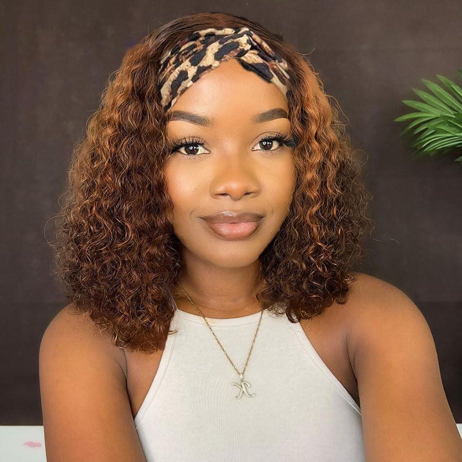 Highlight 4/27 Deep Curly Headband Wig Human Hair Glueless None Lace Wigs 180% Density Scarf Wig No Gel No Glue Full Machine Made Human Hair Wigs Wear And Go Curly Wigs for Women