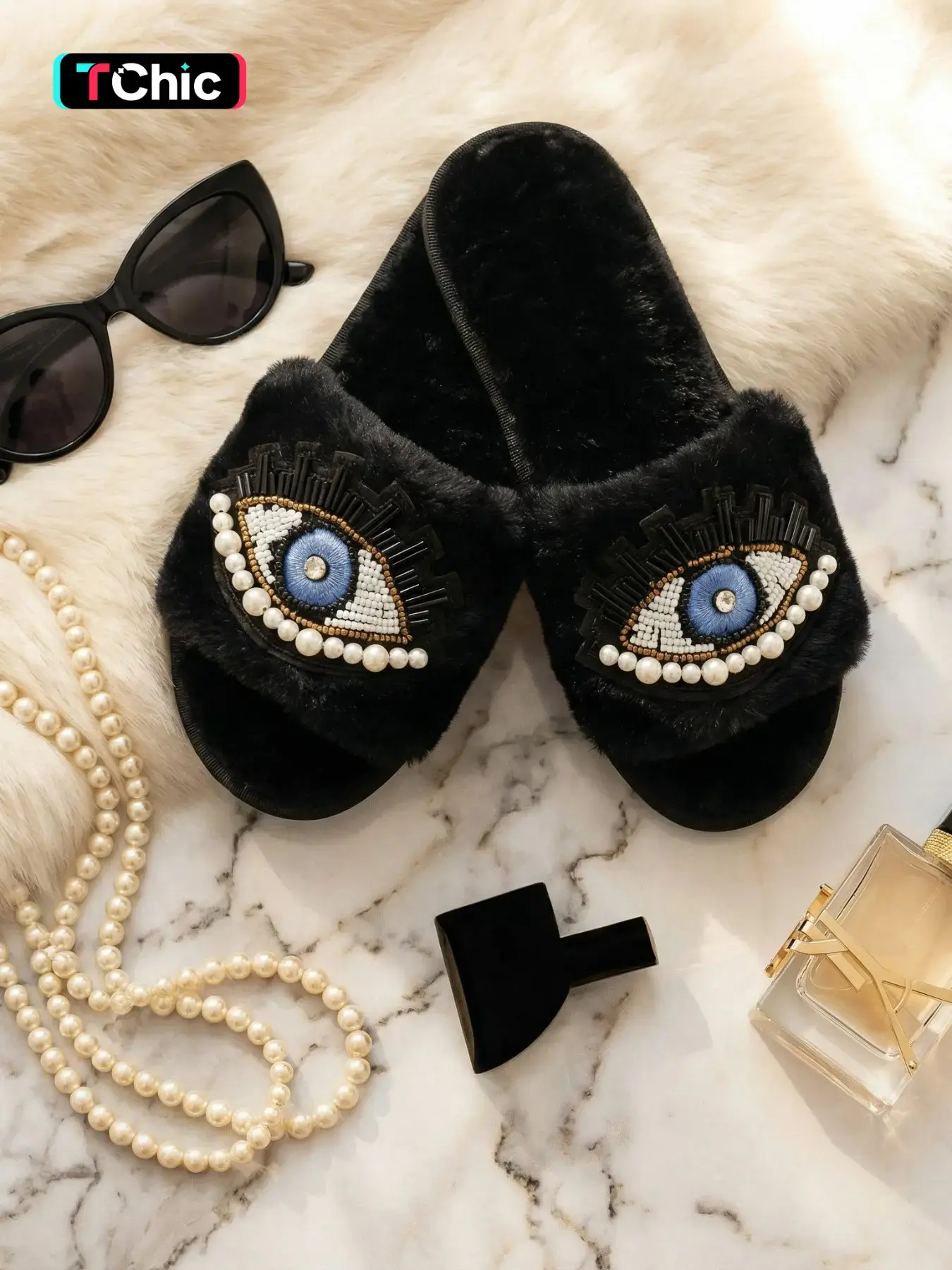 Women's Plush Strap Devil Eye Embroidered Slippers, Comfortable Faux Fur Lining, Elegant Open Toe Design, Perfect for Home and Casual Outing
