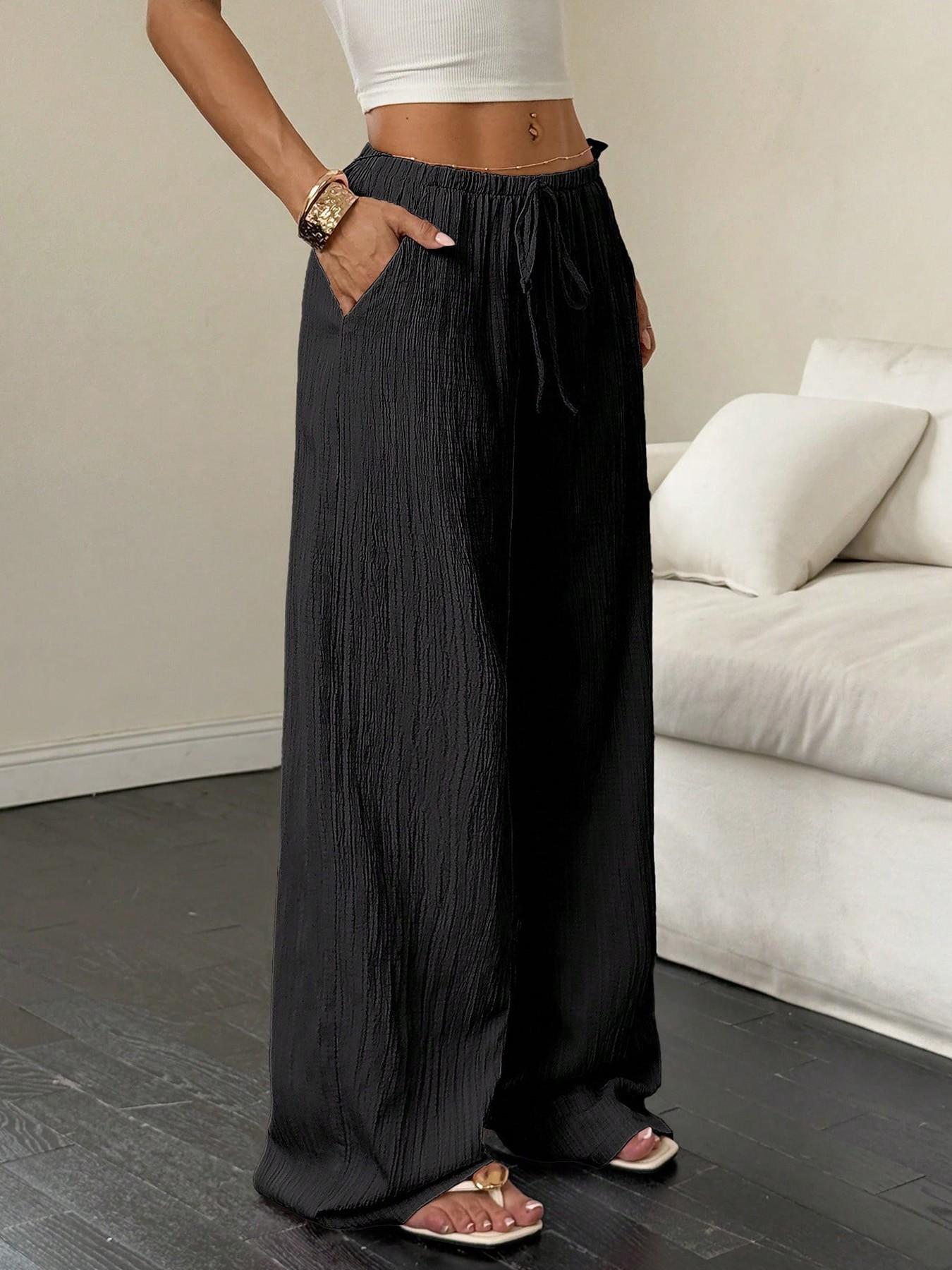 Textured Lightweight Drawstring Adjustable Wide Leg Casual Long Pants, Pockets, Trendy Ootd Fashion, European Style High Waist Tie-Drop Pants, Summer Fashion, Bottoms