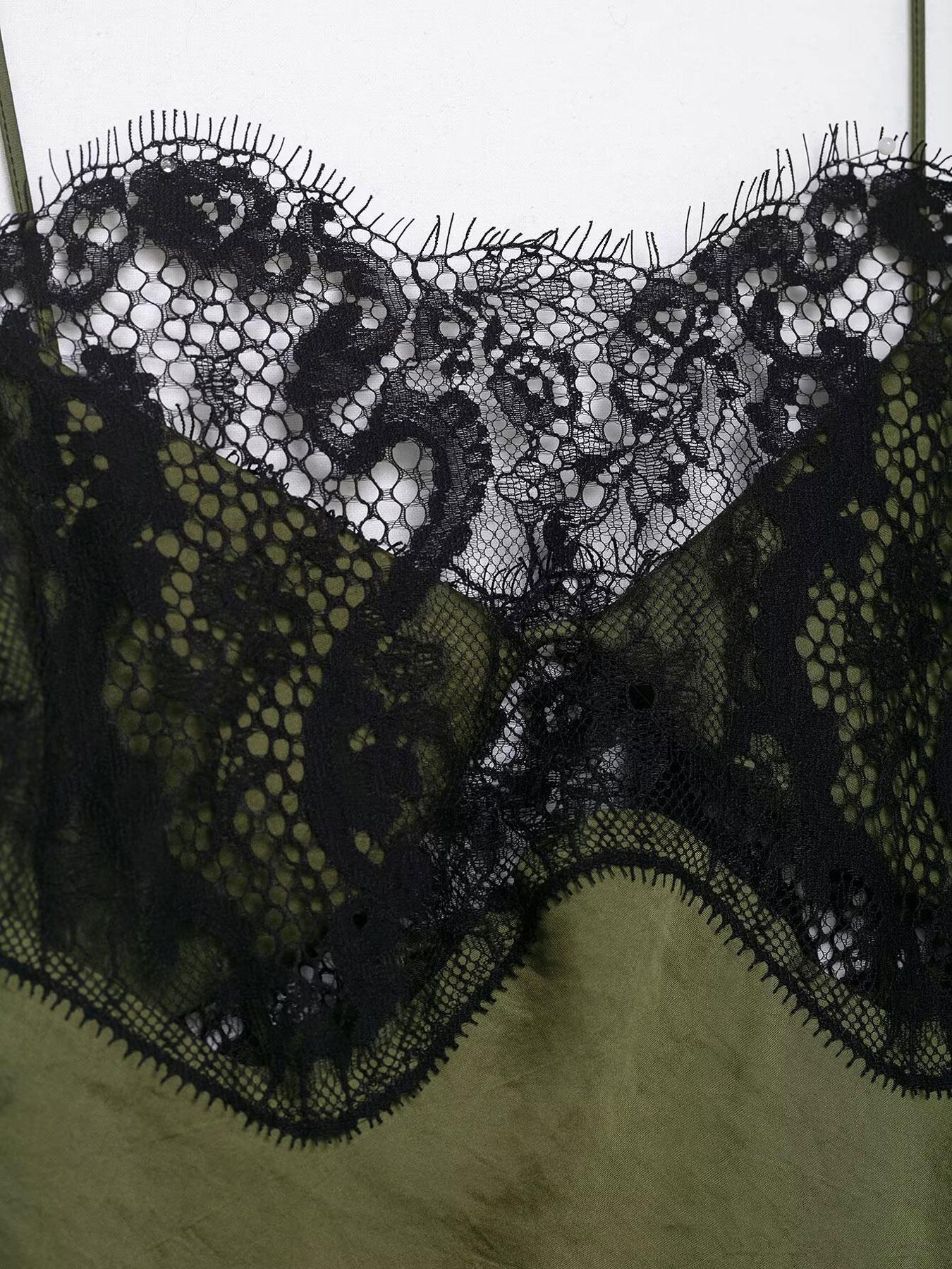 Women's Asymmetric Lace Satin Midi Dress, Chocolate Olive Thin Straps, Lace Trim and Silk Aesthetic, Spring Summer Fashion