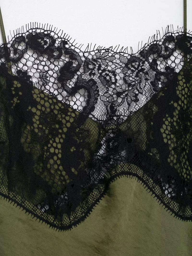 Women's Asymmetric Lace Satin Midi Dress, Chocolate Olive Thin Straps, Lace Trim and Silk Aesthetic, Spring Summer Fashion