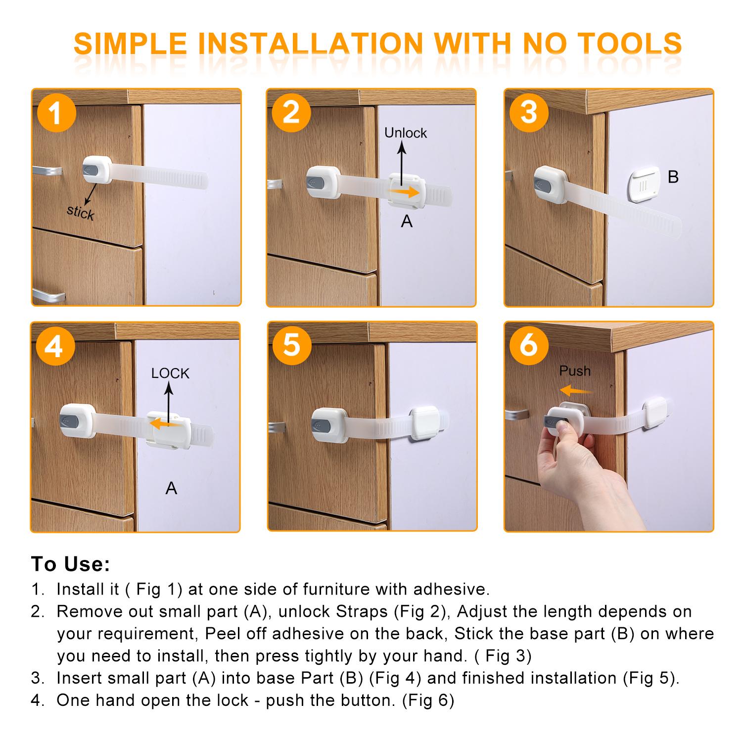 Vmaisi Multi-Use Adhesive Straps Locks - Baby Proofing Cabinet Latches for Drawers, Fridge, Dishwasher, Toilet Seat, Oven,Trash Can, No Drilling