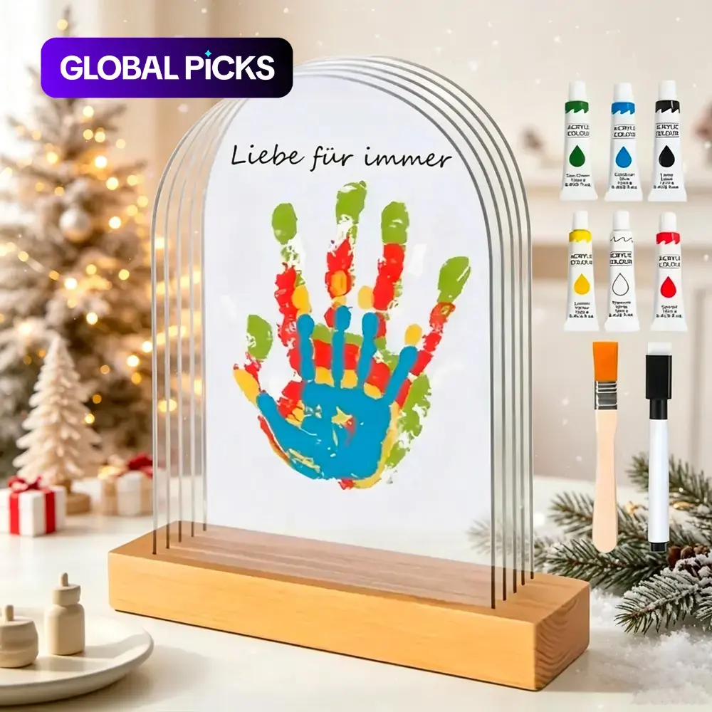Elongated 5-Slot Transparent Handprint Frame with Accessories, Christmas Colorful Paint Handprints, Family Memorial Photo Frame