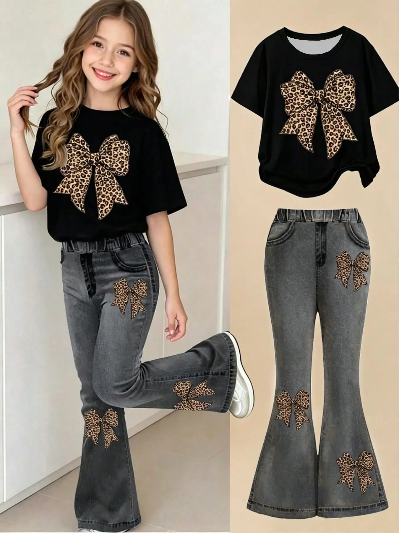 Sweet Cool Girl Fashion Girls' Casual Set, Leopard Print Bow + Digital Print Bell Pants, Comfortable Elastic Waist, All Seasons, Ages 4-12