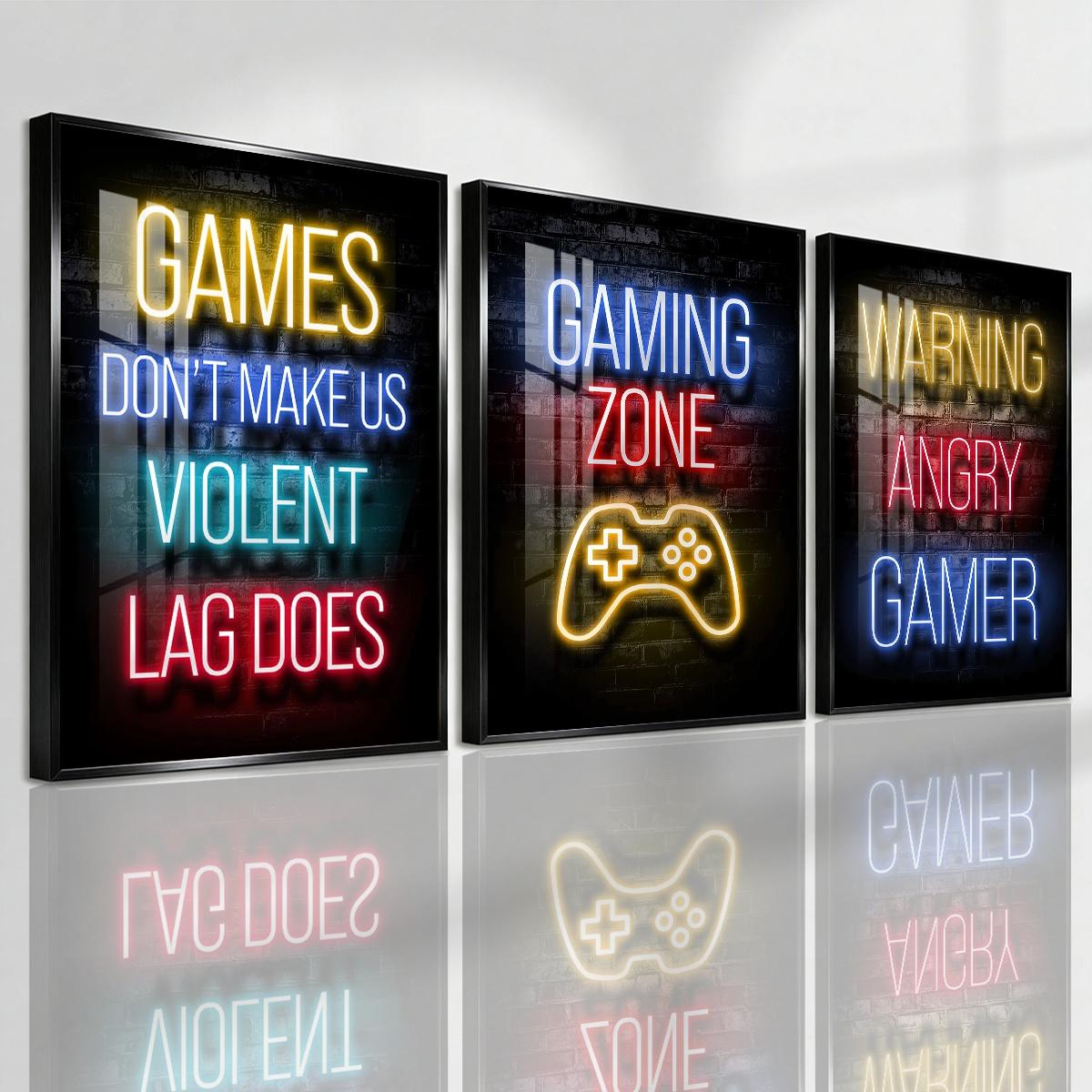 3 Counts Aluminum Alloy Framed Painting, Neon Gaming Zone Poster With Game Controller Wall Art, Home Decoration For Living Room, Bedroom, Office, Restaurant, Hallway Wall Decor, Odorless Print Artwork, Luxury Perfect Gift For Friends And Family