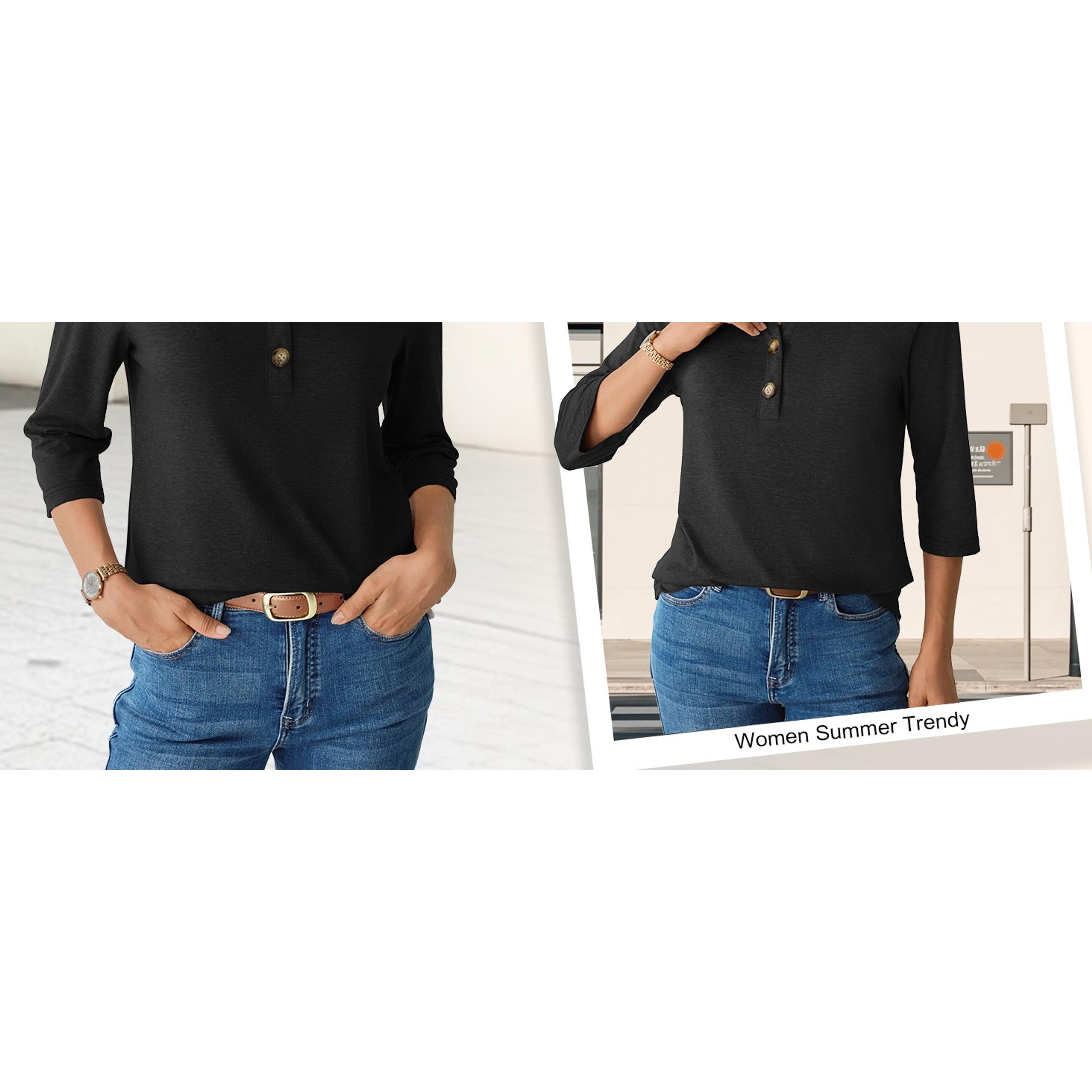 Womens 3/4 Sleeve V Neck Button Down Henley Shirts Business Casual Basic Tees Summer Top(Gift)