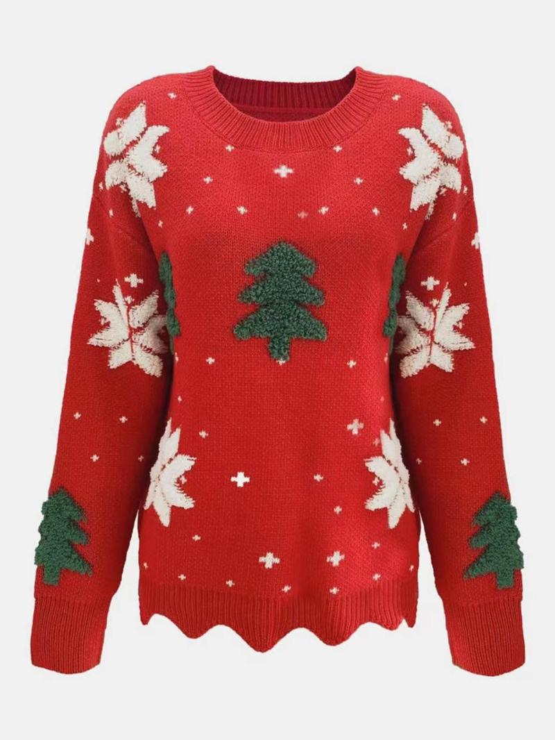 Women's Christmas Tree Print Scallop Trim Drop Shoulder Sweater Pullover, Casual Long Sleeve Round Neck Jumper for Fall & Winter, Ladies' Knitwear for Daily Wear